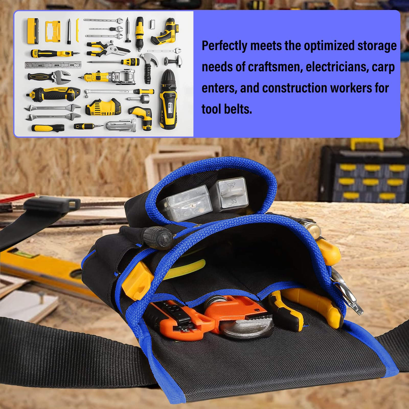 POPOPIE Cintura Porta Attrezzi,Regolabili Staccabili Cintura Elettricista,Cinturà per Attrezzi da Lavoro con 26 Tasche,per Elettricista Falegname Edilizia Manutenzione,Nero-Blu