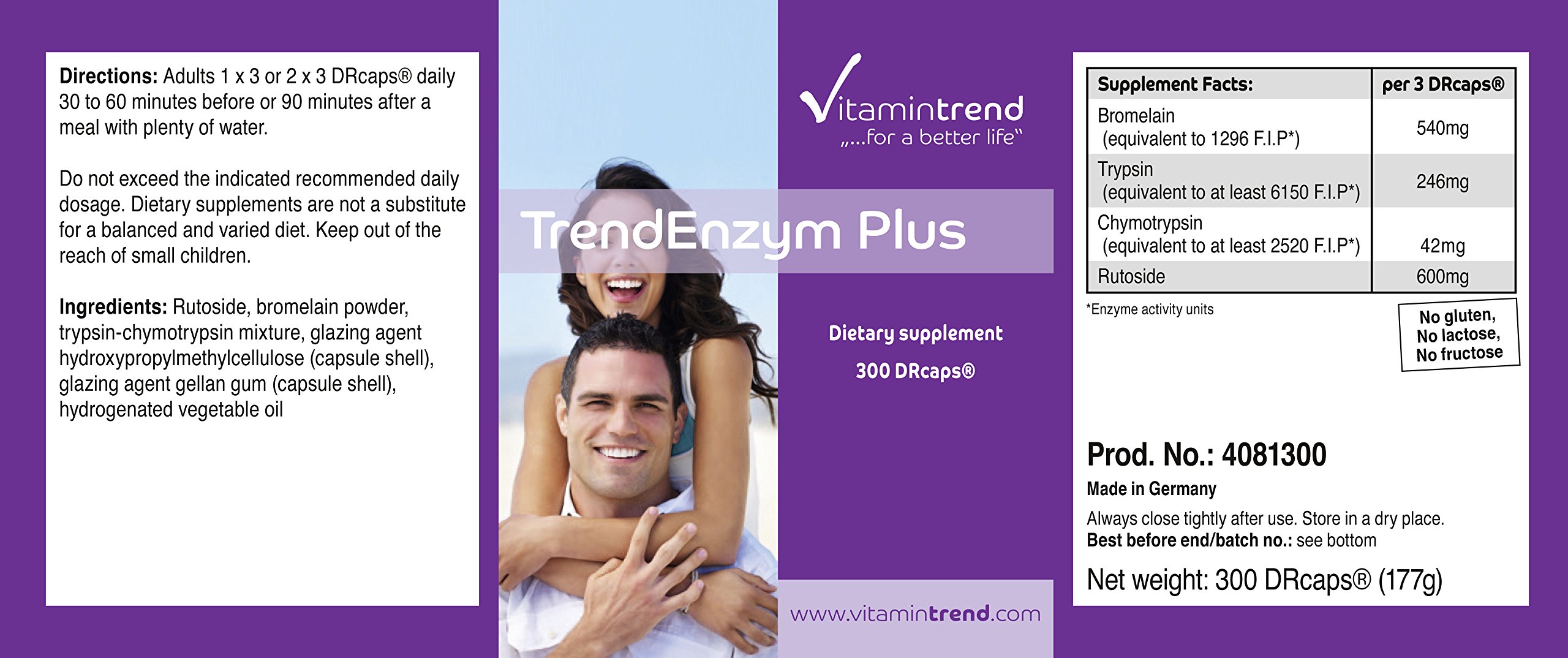 Vitamintrend Complexe enzymatique 300 gélules gastro-résistantes, avec bromélaïne, trypsine, chymotrypsine et rutoside, complément alimentaire végan sans additifs, fabriqué en Allemagne