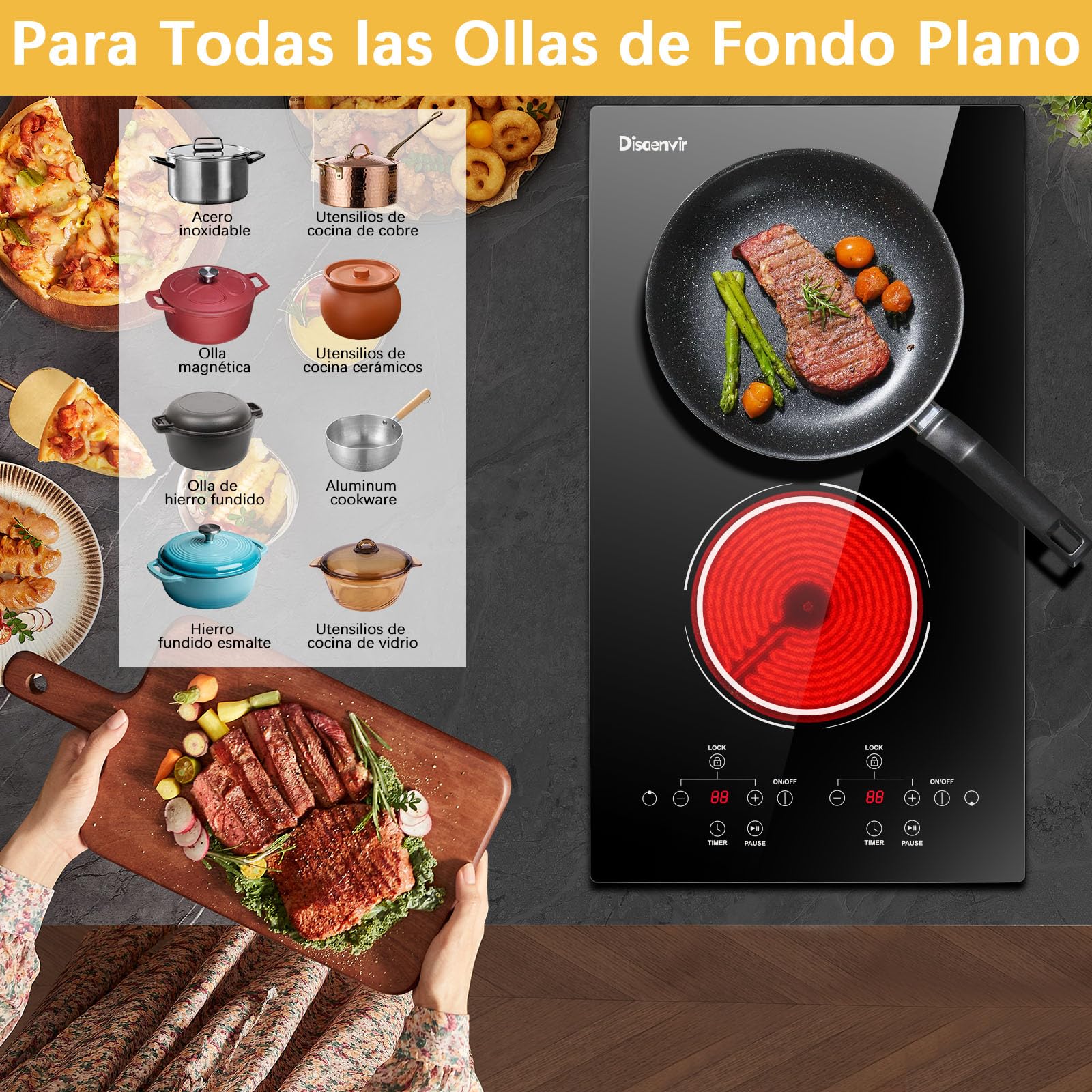 Placa Vitrocerámica 2 Fuegos 3000W, Vitroceramica Induccion Empotrable, Placa Electrica Cocina con Función de Pausa, Nivel de Potencia 9, Control de Tacto, Cronómetro | Función de pausa, temporizador, seguridad infantil, 9 niveles de potencia, 30 cm, 3000