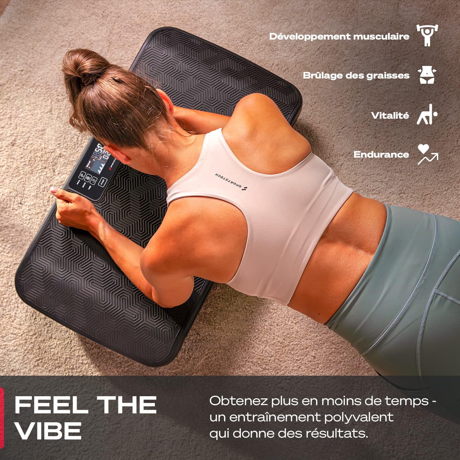 Sportstech sVibe, Plaque Vibrante 4D Maison, 99 Niveaux, avec 1 an d'App STL Incluse, LED Intelligente, Ultra Silencieuse, Design Hexagonal Élégant, Massage, Entraînement Abdos Jambes Fessiers, App