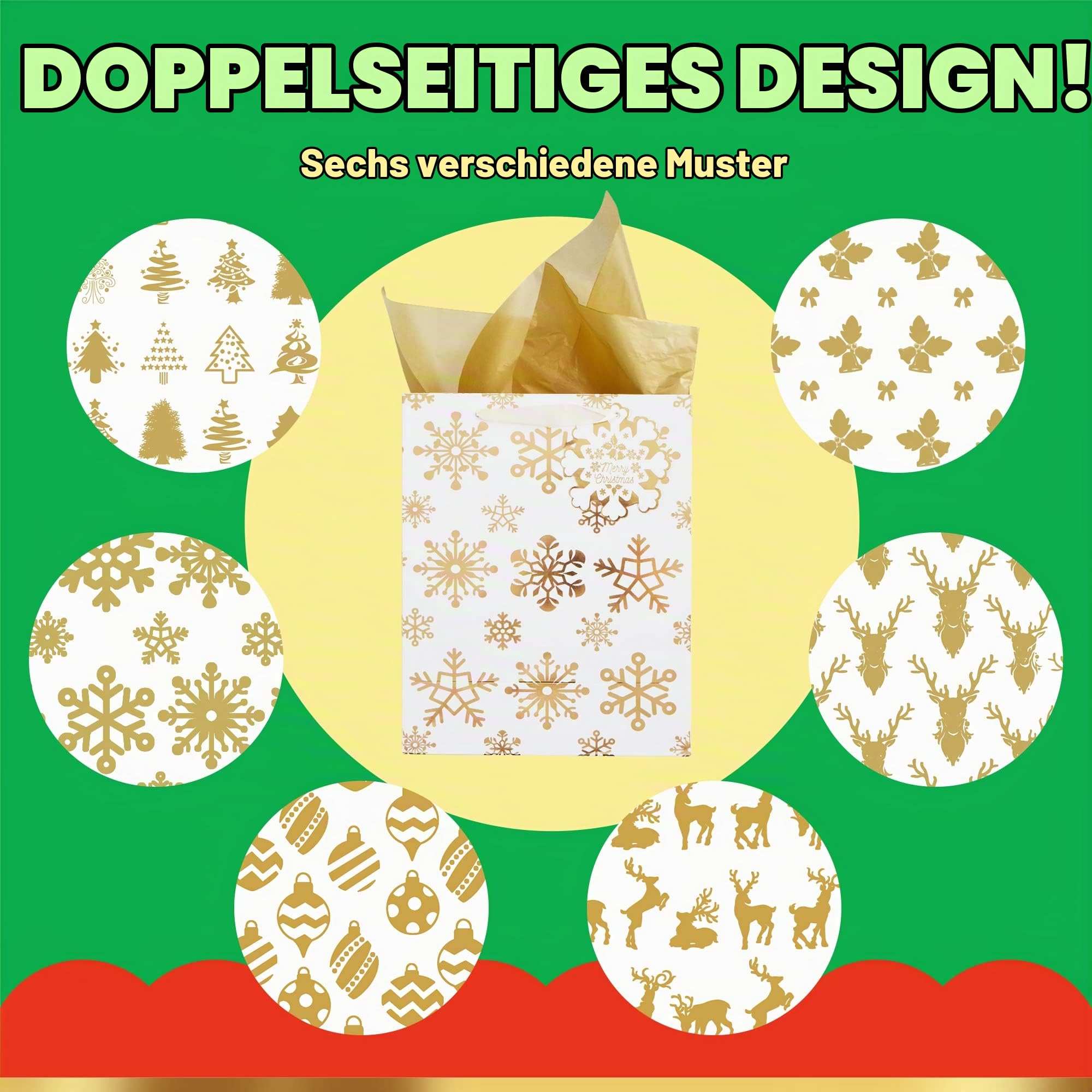 JOYIN 12 Stück Weihnachten Goldfolien-Geschenktüten mit Seidenpapier und Namenskarten, Geschenktasche für Weihnachten, Geschenkverpackung