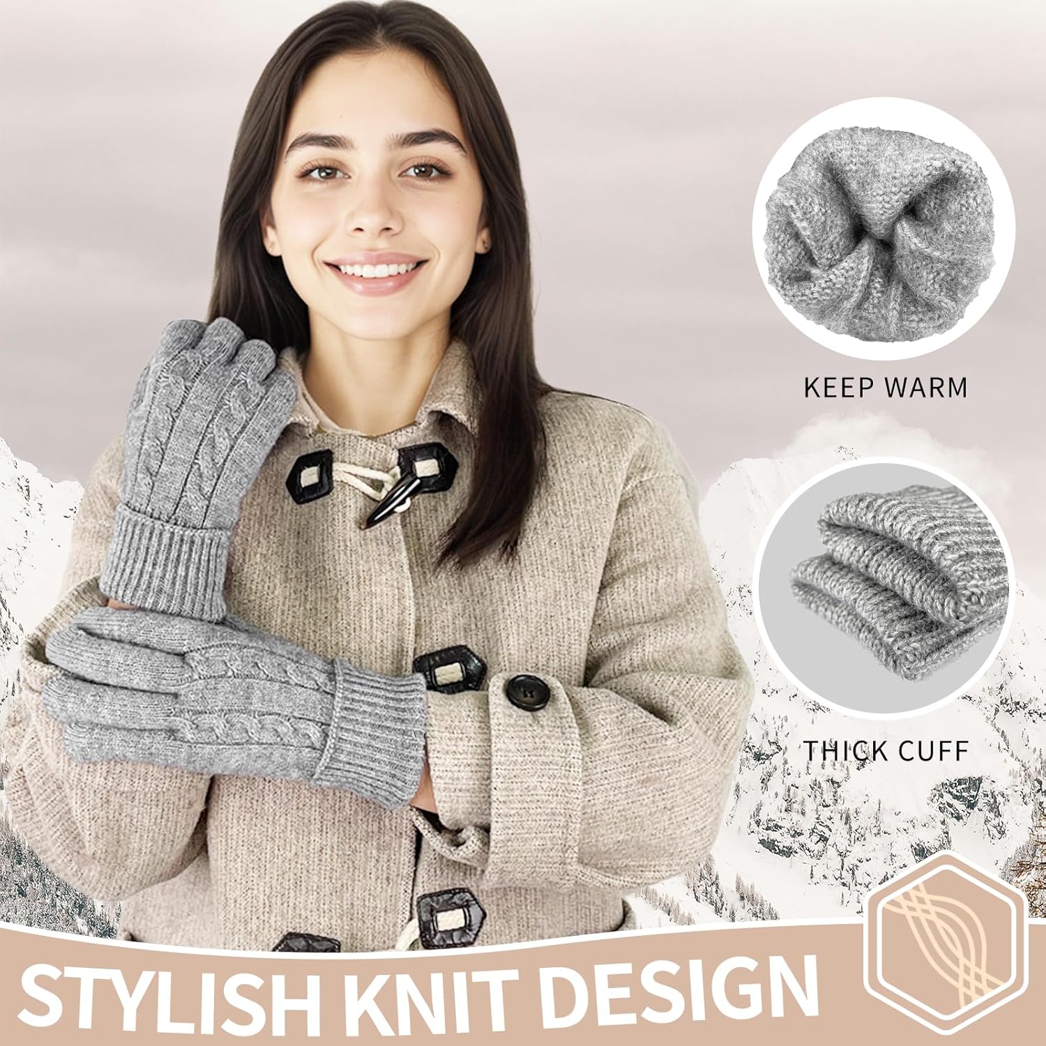 Winter Wool Gloves for Women Warm Touchscreen Fleece Elastic Soft Knit Gloves for Cold Weather Folding Cuffs - Image 2