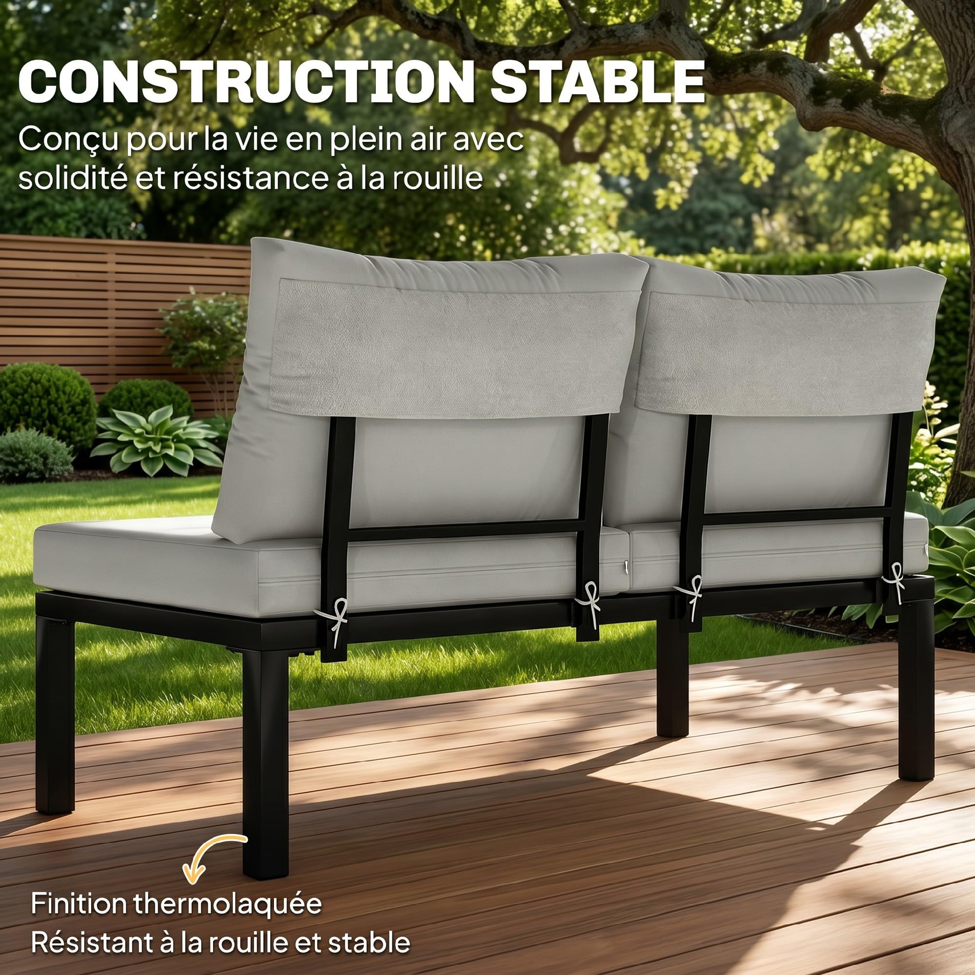 Outsunny Salon de Jardin Modulaire 6 Pièces Design Gris Anthracite | Mobilier de Jardin, Table Basse, Plateaux Latéraux, Ensemble Canapé Extérieur, Transformable en Lit, Terrasse Patio