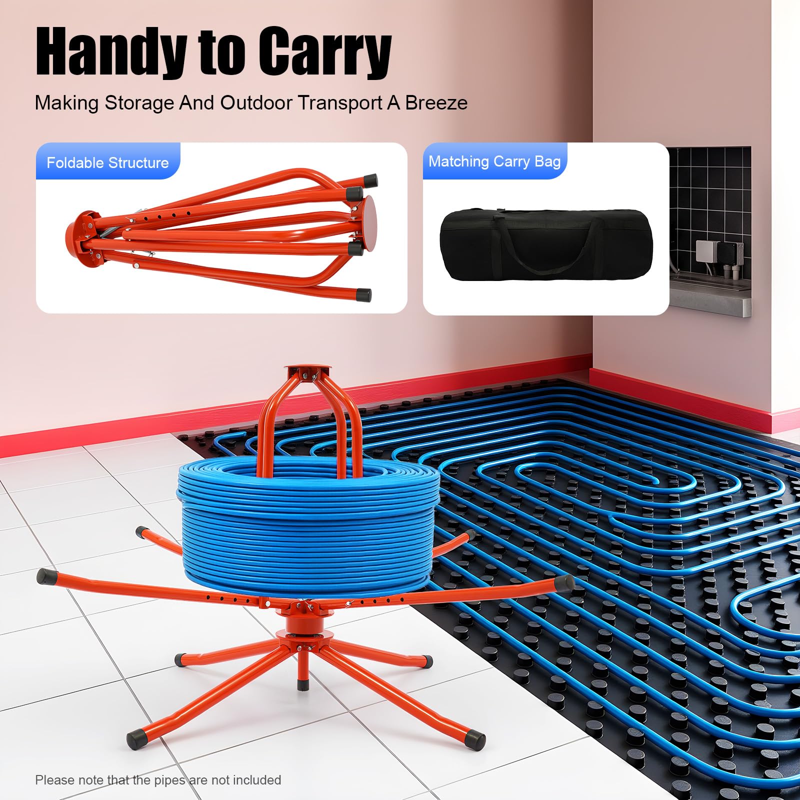 Bobinador de tubo calefactor para calefacción por suelo radiante, capacidad de carga de 440 libras, diseño de doble rodamiento, ajustable de 12,6 pulgadas y 19,69 pulgadas, plegable y bolsa portátil
