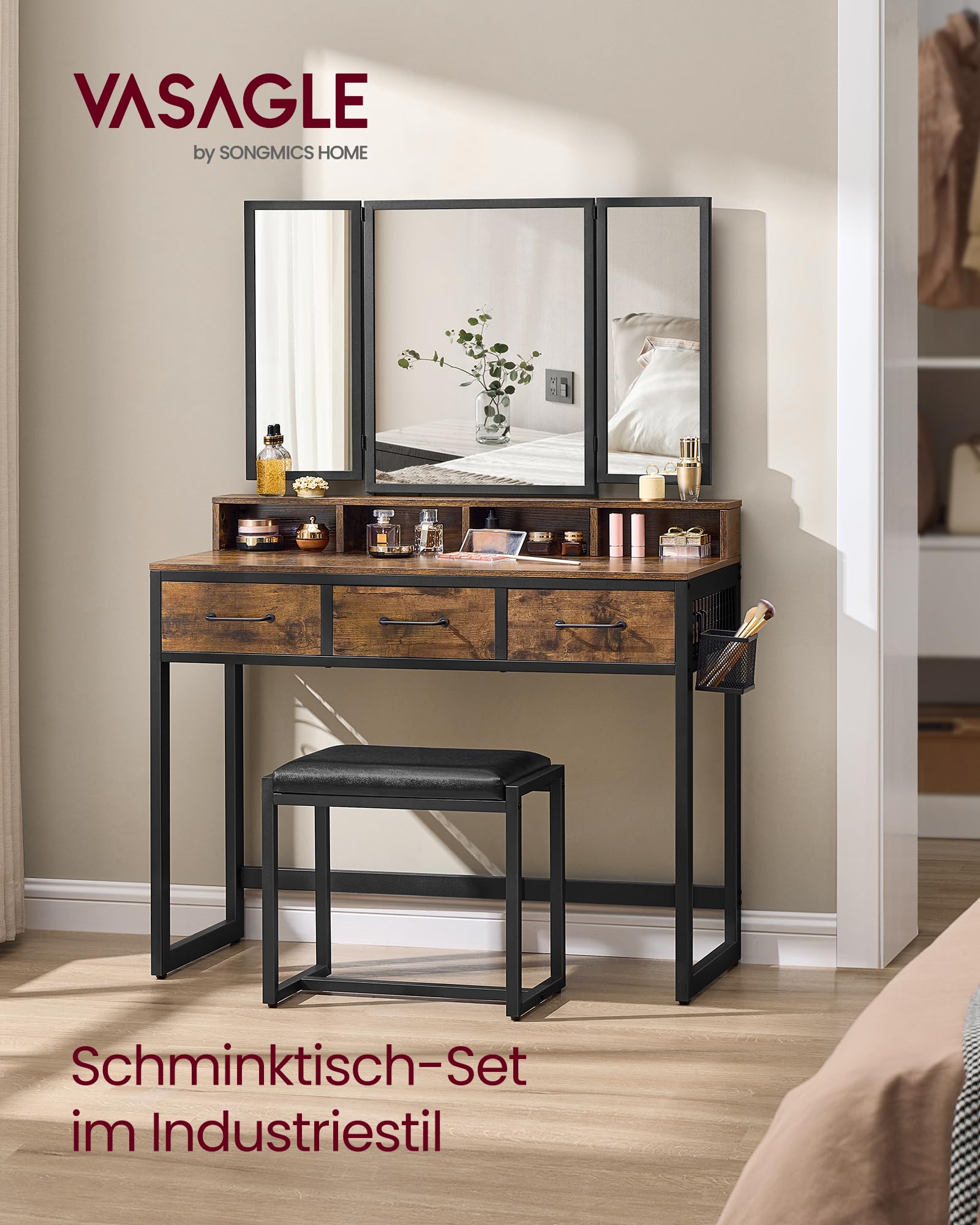 VASAGLE Doppel-Unterschrank-Set mit gepolstertem Hocker, Schminktisch mit Dreispiegel, 3 Schubladen, Haartrockner, Schminktisch, industrieller Stil, rustikal braun und schwarz RVT004B01