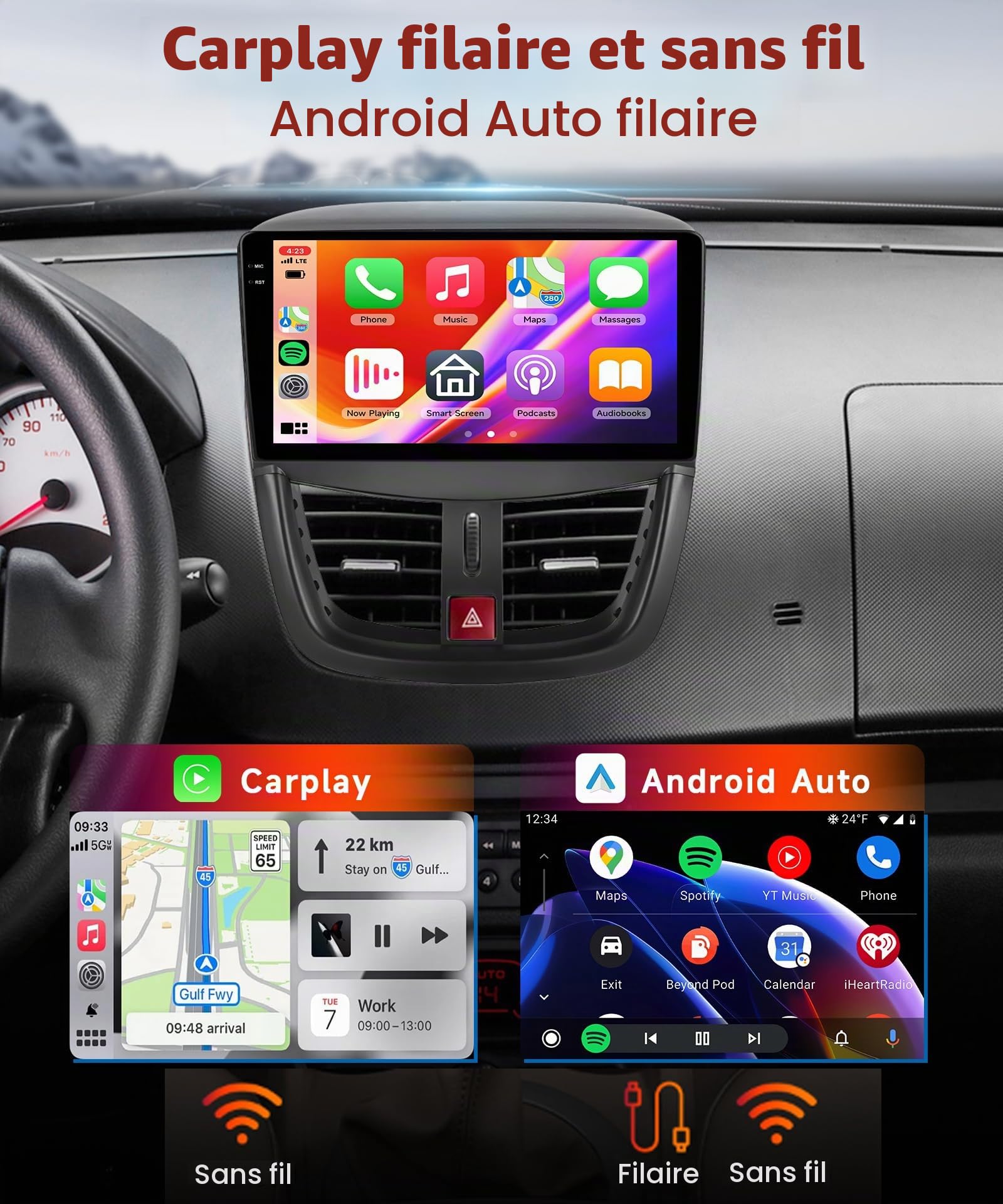 【4+128G】 Hodozzy Carplay Autoradio pour Peugeot 207 2005-2015, 10 Pouces Ecran in-Cell Android Autoradio avec Bluetooth 5.0/Android Auto/WiFi/GPS/RDS/FM/USB/DSP