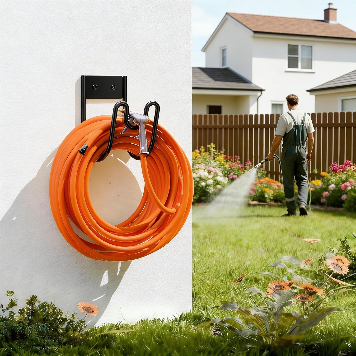 2 Pack Heavy Duty Garden Hose Holder Wall Mount, Metal Water Hose Hanger, Durable Hose Storage Organizer for Outside Yard, Lawn, Patio, Garage, Fits Most Garden Hoses