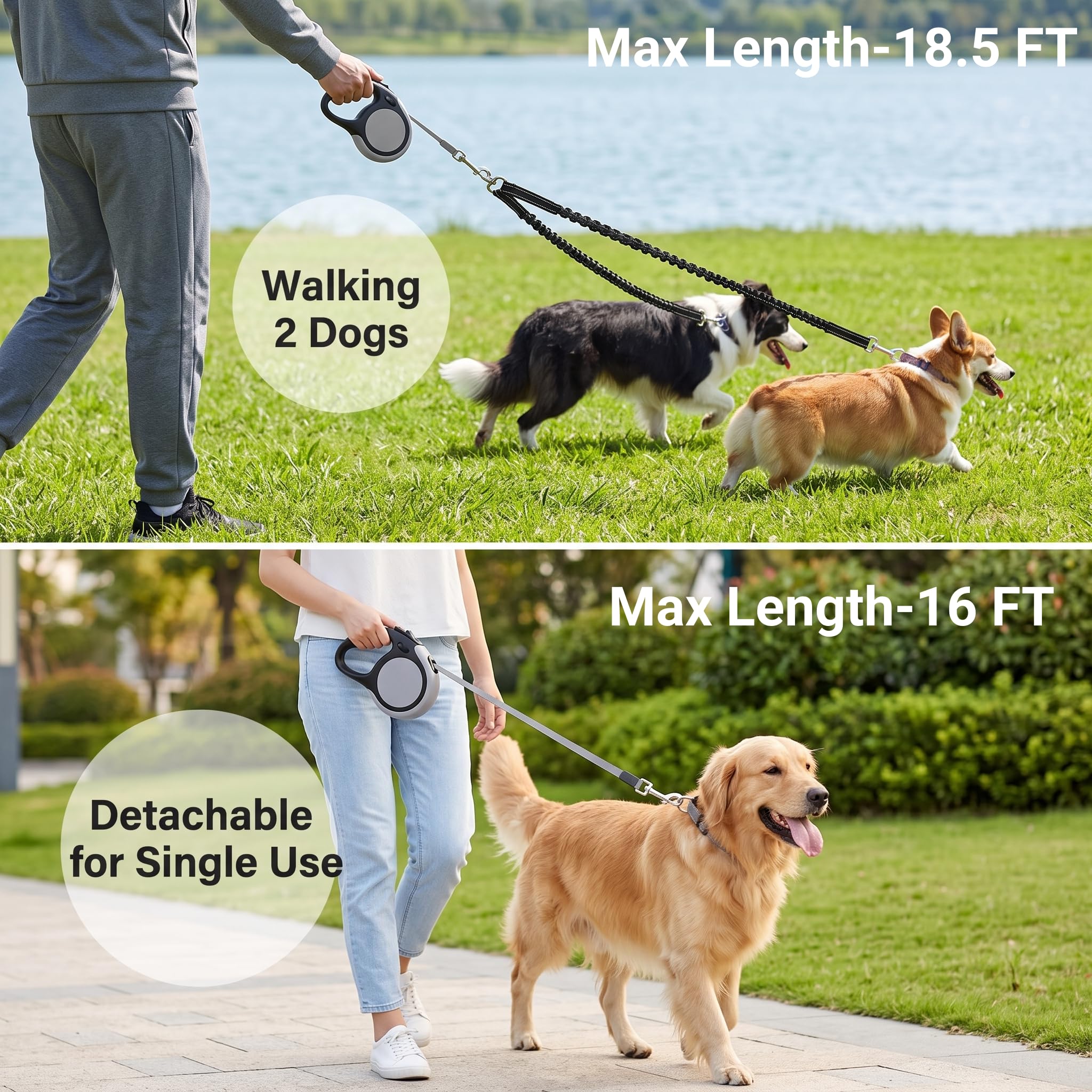 Correa de perro retráctil doble para 2 perros grandes (hasta 110 libras cada uno) - Zodiaco extensible de doble cabeza de 4,9 m con bolsas de caca, agarre antideslizante - un botón de rotura y bloqueo