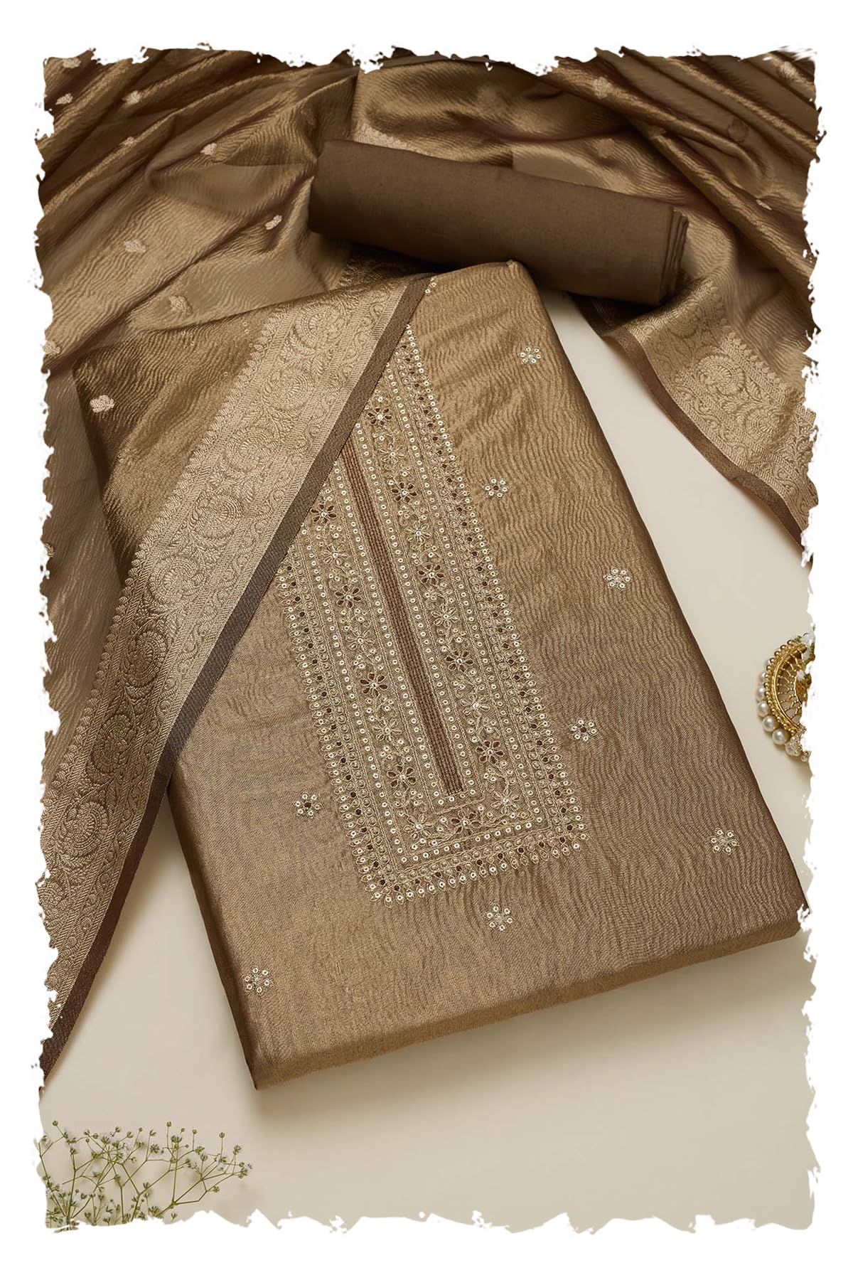 Womens Tissue Embroidered Unstitch Dress Material With Sequins-image-36
