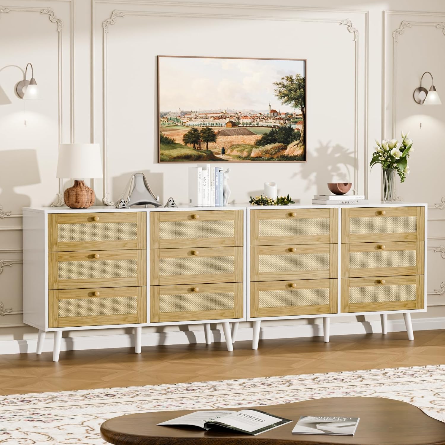6 Drawer Double for Bedroom, Natural Rattan Modern Chest with Drawers, Chest of Drawers with Wooden Handles for Bedroom,Living Room,Hallway, White