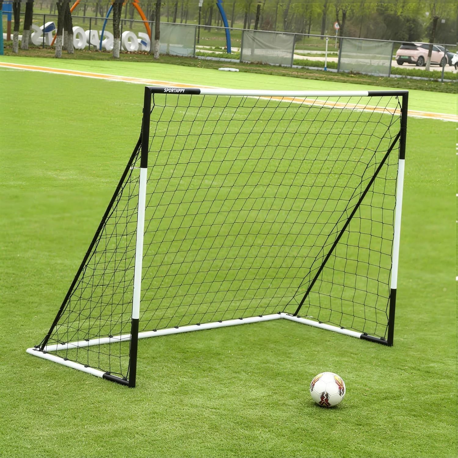 SPORTAPPY 6'x8' Heavy Duty Football Goal, All-Weather Steel Frame Tool-Free Quick Assembly Football Training Goal, Backyard Outdoor Match Equipment, Sturdy Ground-Staked Goal System with PE Net