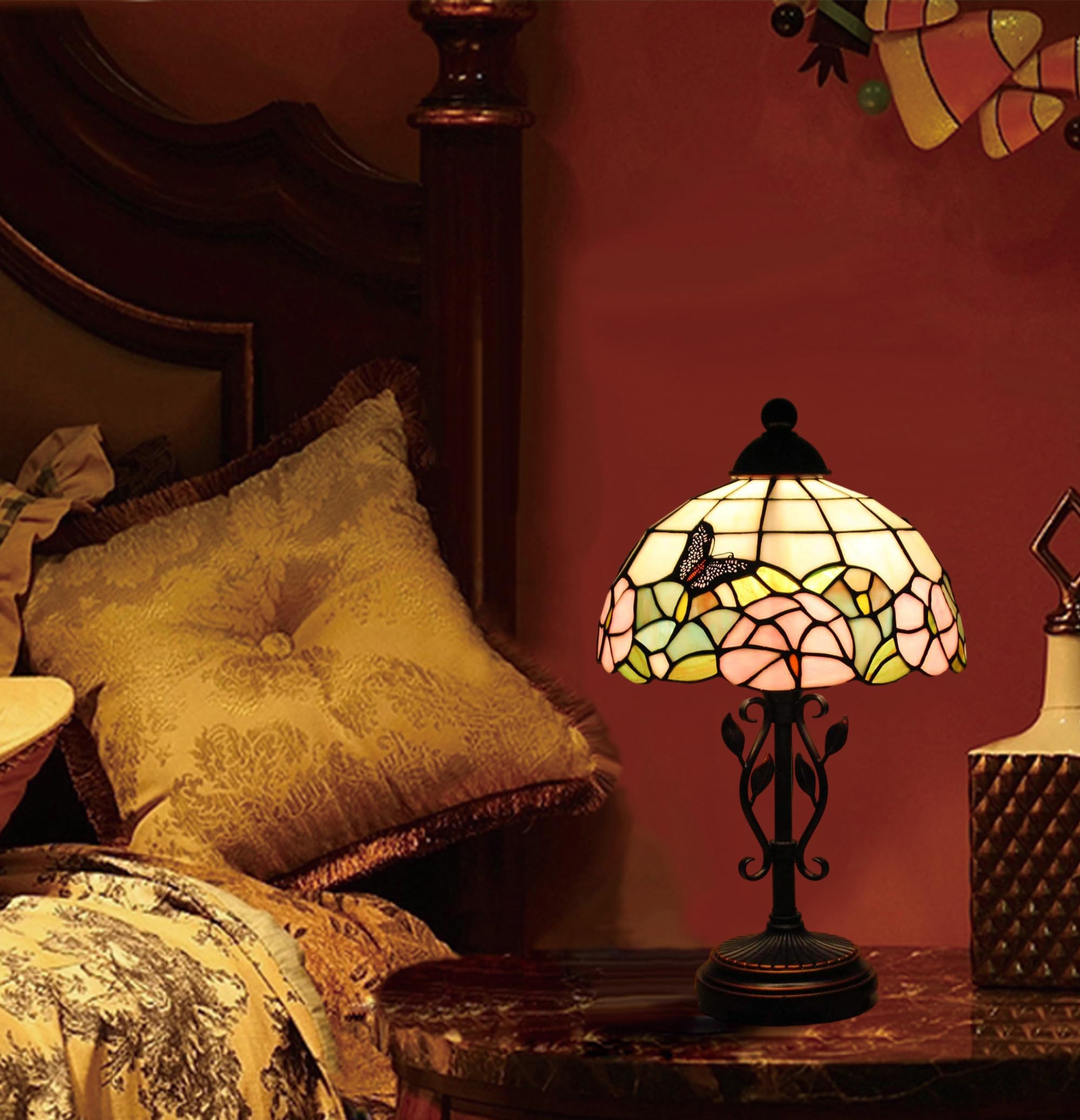 Tischlampe im Tiffany Stil,Vintage Nachttischlampe Schlafzimmer Deko Lampe,Jugendstil Tischleuchte,Butterfly buntglas lampenschirm 25cm / 10 Zoll,Harz-Basis mit Kabel und E27 LED Birne(B)