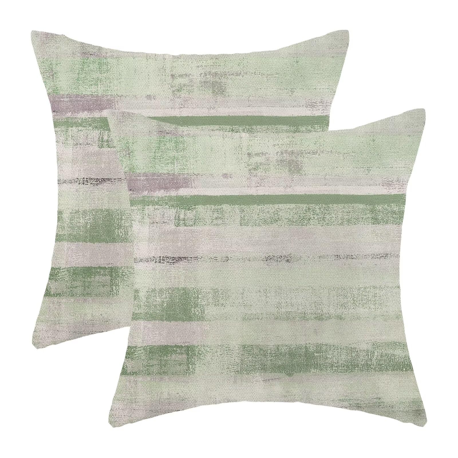 Jecuwo Boho Green Grey Stripe Throw Pillow Covers 18x18 Inch Set of 2, Rustic Abstract Decorative Throw Pillow Covers Retro Stripe Linen Outdoor