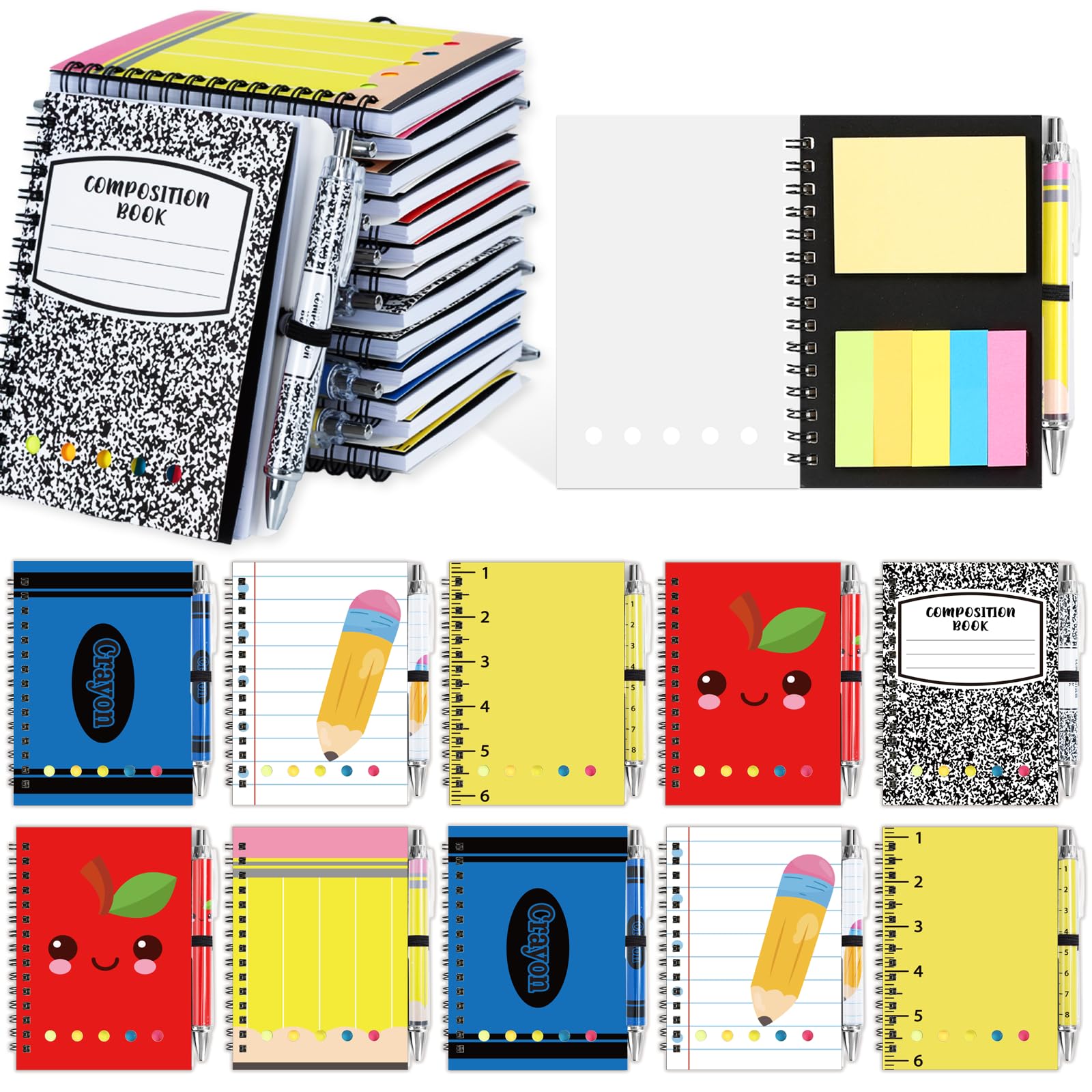 Juego de 48 cuadernos de regreso a clases con 24 bolígrafos en espiral, cuaderno de bolsillo, bloc de notas de bienvenida a la escuela para estudiantes, primer día de clases, suministros de