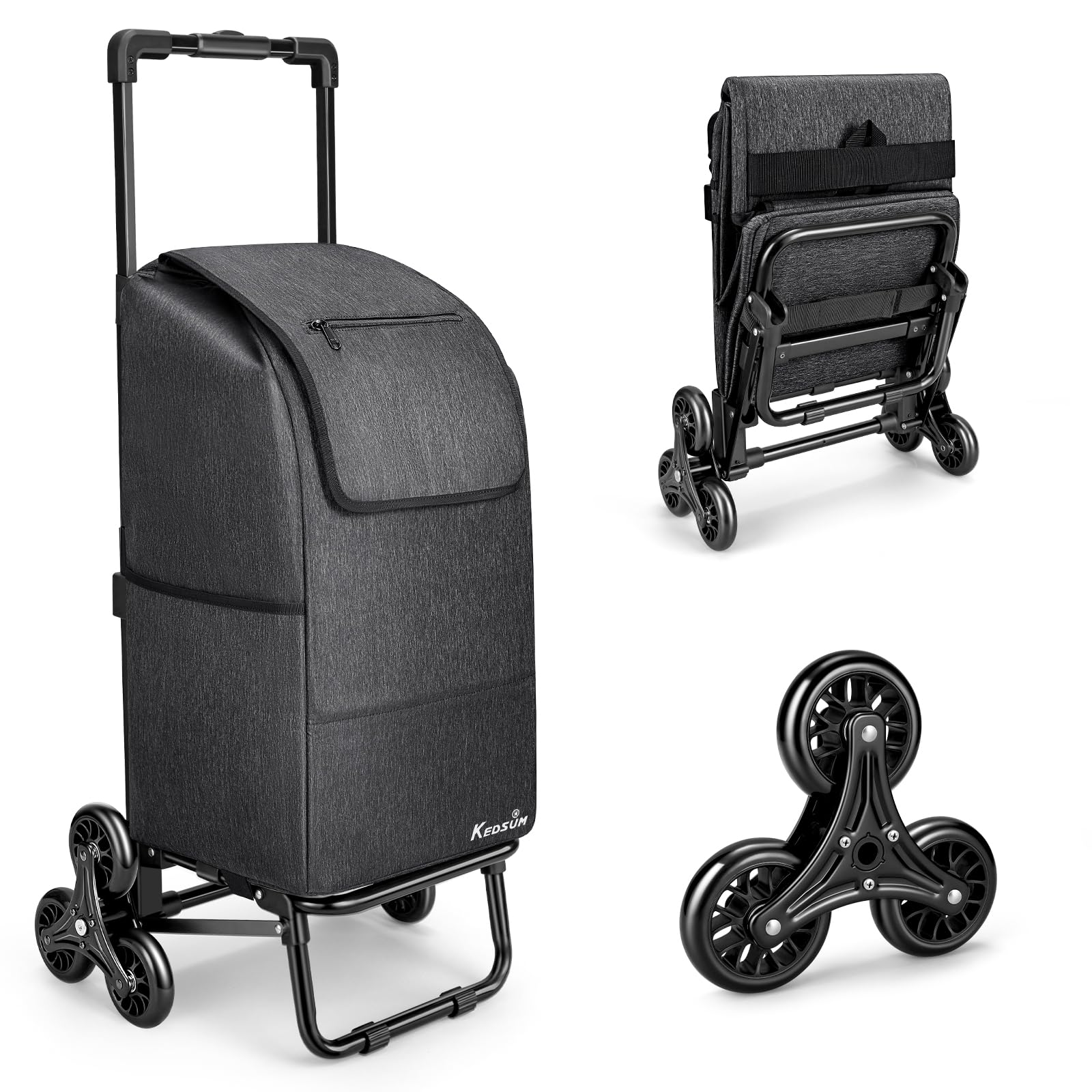 KEDSUM 2 in 1 Stair Climber Cart, 60L/330LBS Grocery Cart on Wheels for Stairs, Shopping Carts for Groceries with Removable Black Waterproof Bag, Heavy Duty Dolly Carts for Stairs