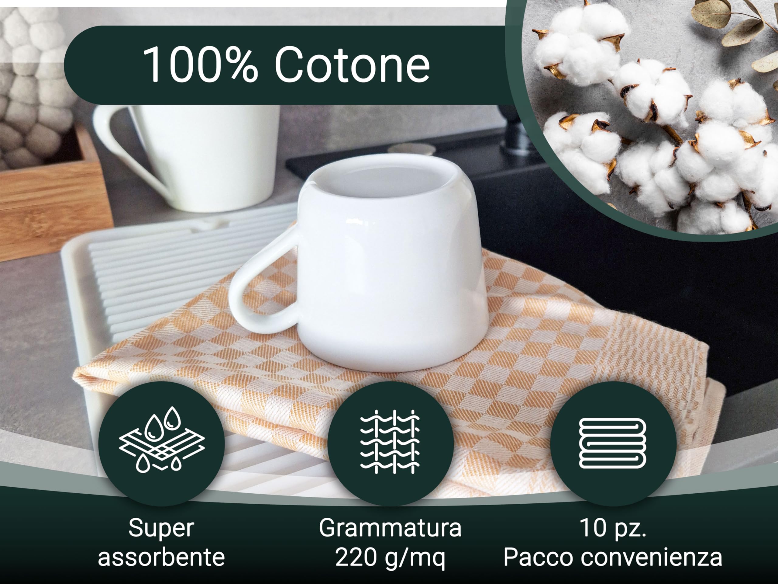 10 Strofinacci In Cotone 46x70cm - Super Assorbenti, Qualità Gastronomica, Lavabili A 60°C, Quadretti Neri - Foto 13