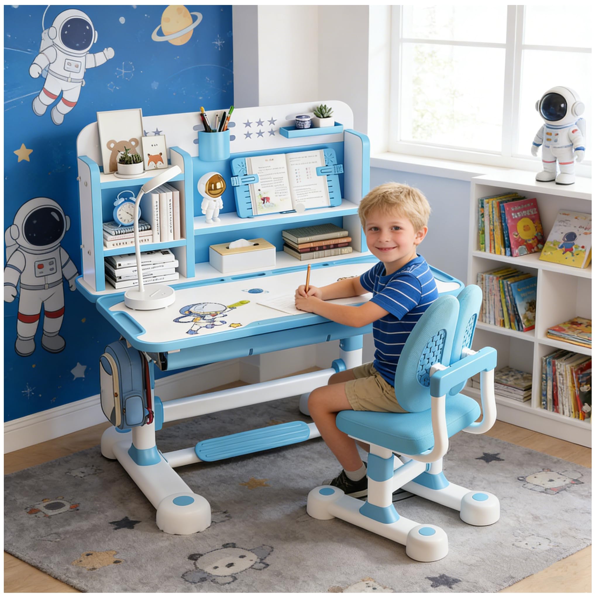 Altsuceser Kids Study Schreibtischstuhl-Set, höhenverstellbar, Kinder, Schule, Studium, Tischstuhl-Set mit Sitzkorrektur, ergonomischer Schreibtischstuhl mit Buchständer, Fußpedal, Trennwand-Design