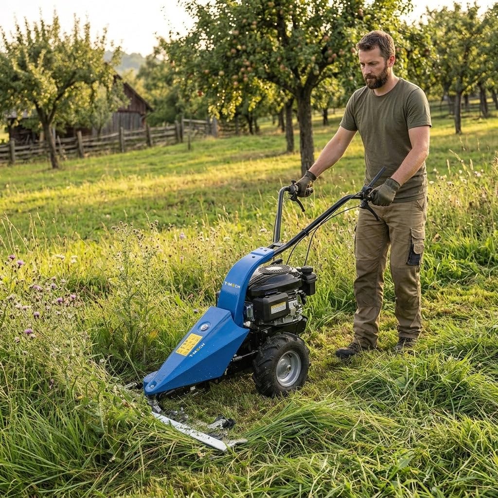 Kosiarka spalinowa 3,7 KM 870 mm szerokość drążka regulowana wysokość koszenia ogród trawnik trawnik trymer hartowane ostrza 159cc 3kW 4-suwowy odrzut silnika 1,2 l koła zbiornika paliwa osłona