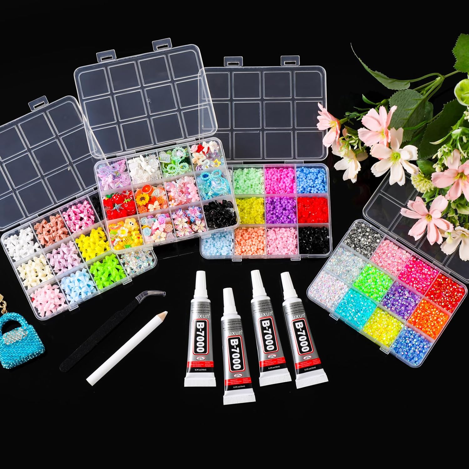 Colorful Macaron Nail Charms Kit, 4 Boxes Pastel Rhinestones Bowknot Flowers & Colorful Nail Art Accessories,Bedazzling Kit Multi-colored 3D DIY for Press On Nails,DIY Manicure