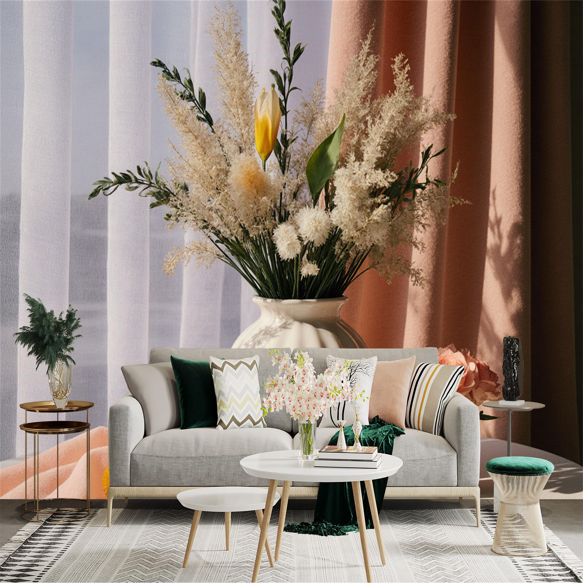 Custom Size Wall Sticker Mural， Elegant Flower Vase with Soft Dried Bouquet， Aesthetic Sunlight Through Curtains， for wall Decoration， peelandstick wall Decals.
