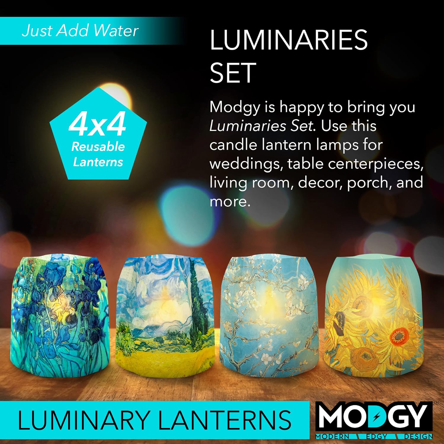 MODGY Luminary LED Lantern Candle Holder Decorative Indoor Outdoor Decor, Plastic Candle Lamps for Wedding Table Centerpiece Porch, with Flameless Floating Candles, Vincent Van Gogh, Pack of 4