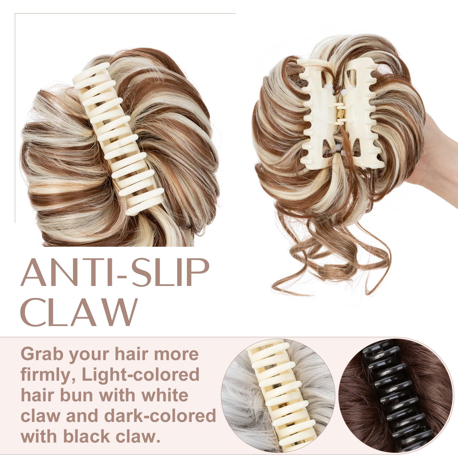 SEGO Tousled Updo Hair Bun Donut Synthetic Thick Hair Chignon 78G Claw Messy Bun Hairpieces Wavy Curly, Light Brown & Bleach Blonde - Image 3