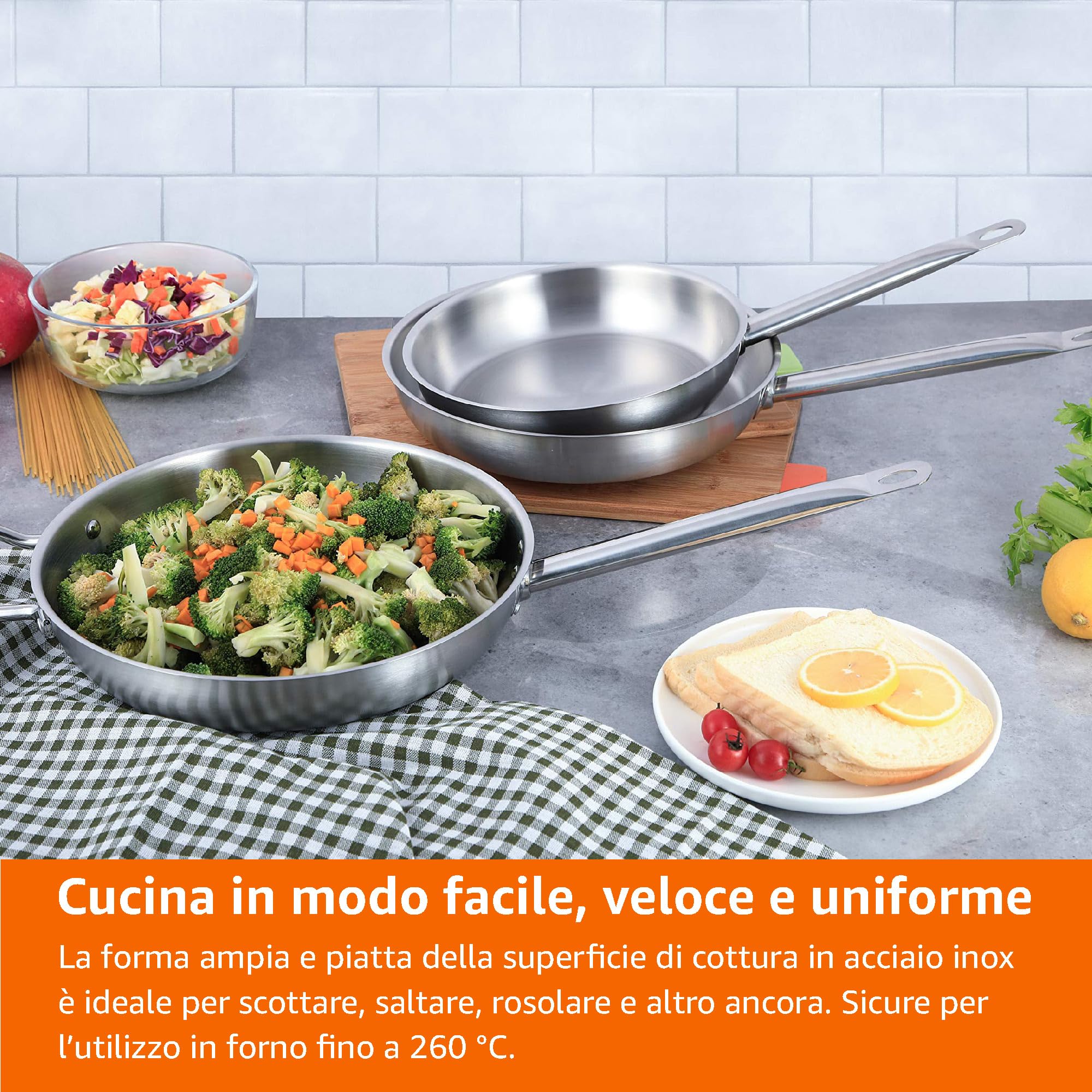 Amazon Basics Set di 3 padelle in acciaio inox rivestite in alluminio, da 20, 24 e 30 cm, adatte al forno, lavabili in lavastoviglie, Argento