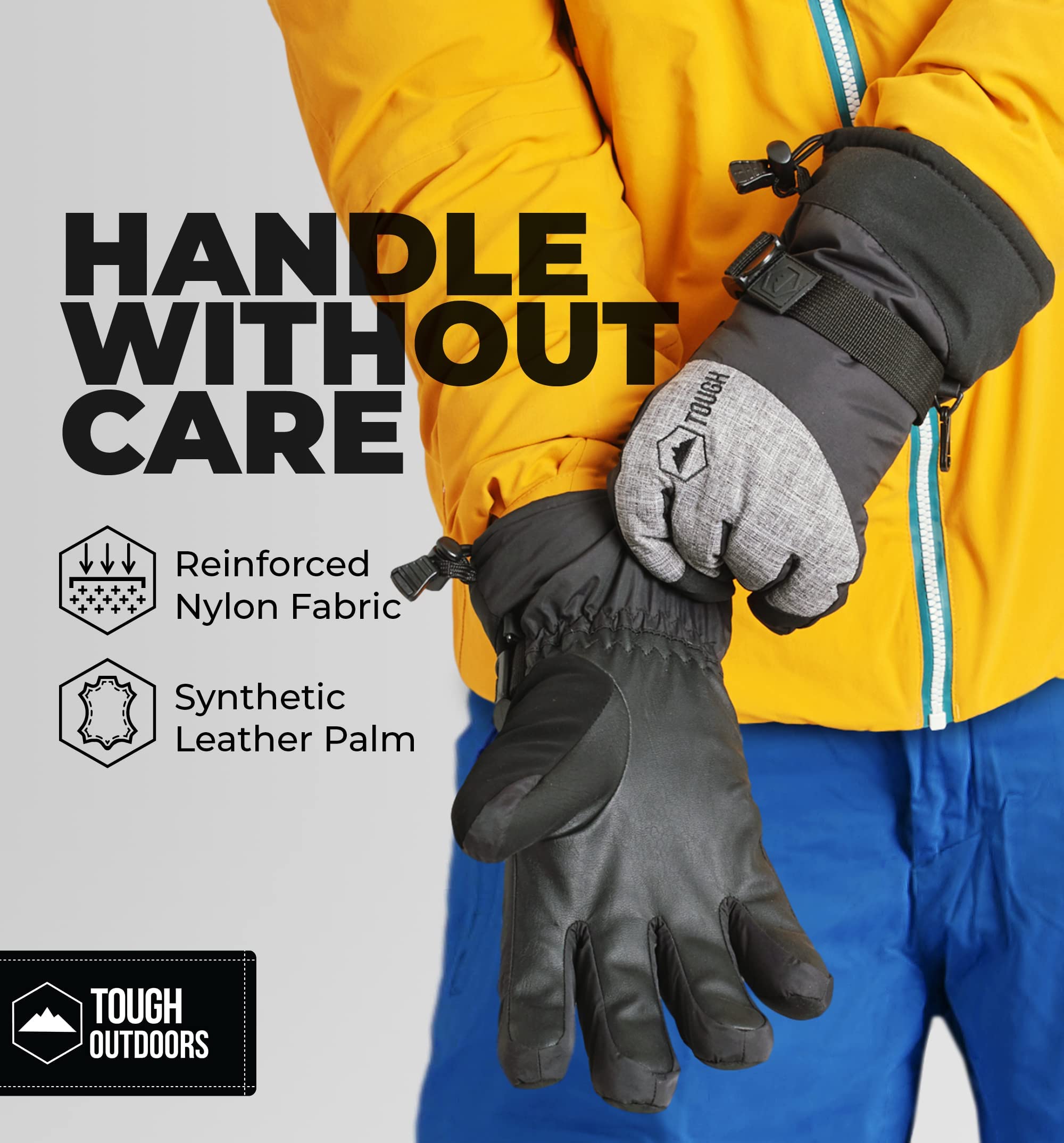 Tough Outdoors Gants de Ski et de Neige – Gants de Snowboard imperméables et Coupe-Vent pour Homme et Femme pour Temps Froid – avec laisses de Poignet, Coque en Nylon, Isolation Thermique et Paume en