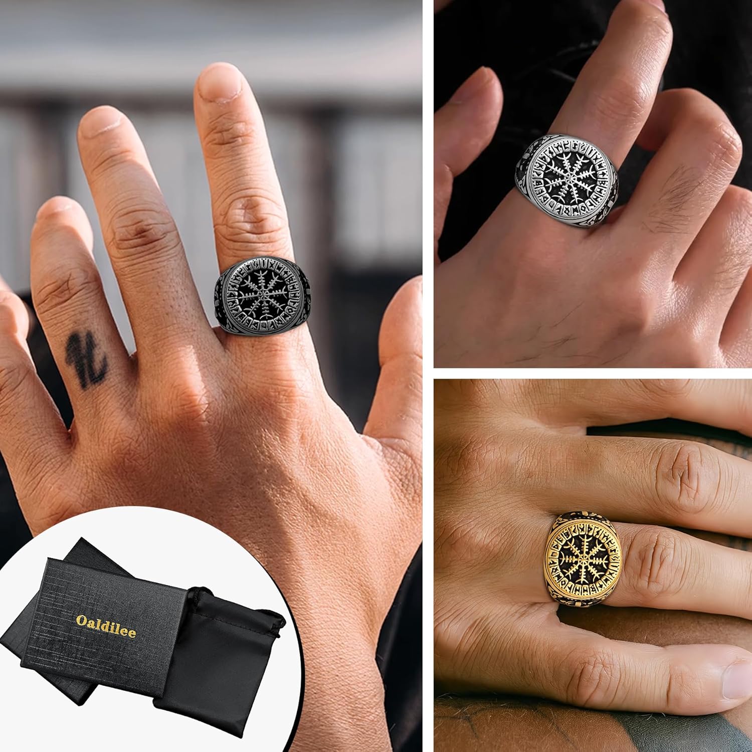 Nordic Battle Axe Ring Viking Vegvisir Pirate Compass Rings Stainless Steel/18K Gold Plated/Black Norse Symbol Vintage Jewelry for Men Women Send Gift Box - Image 5