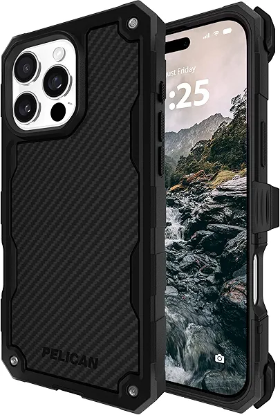 Pelican Shield iPhone 16 Pro Case [Compatible with MagSafe] Rugged Phone Case w/ 21ft Military-Grade Drop Protection - Heavy Duty Phone Cover w/Belt Clip Holster for iPhone 16 Pro - Carbon