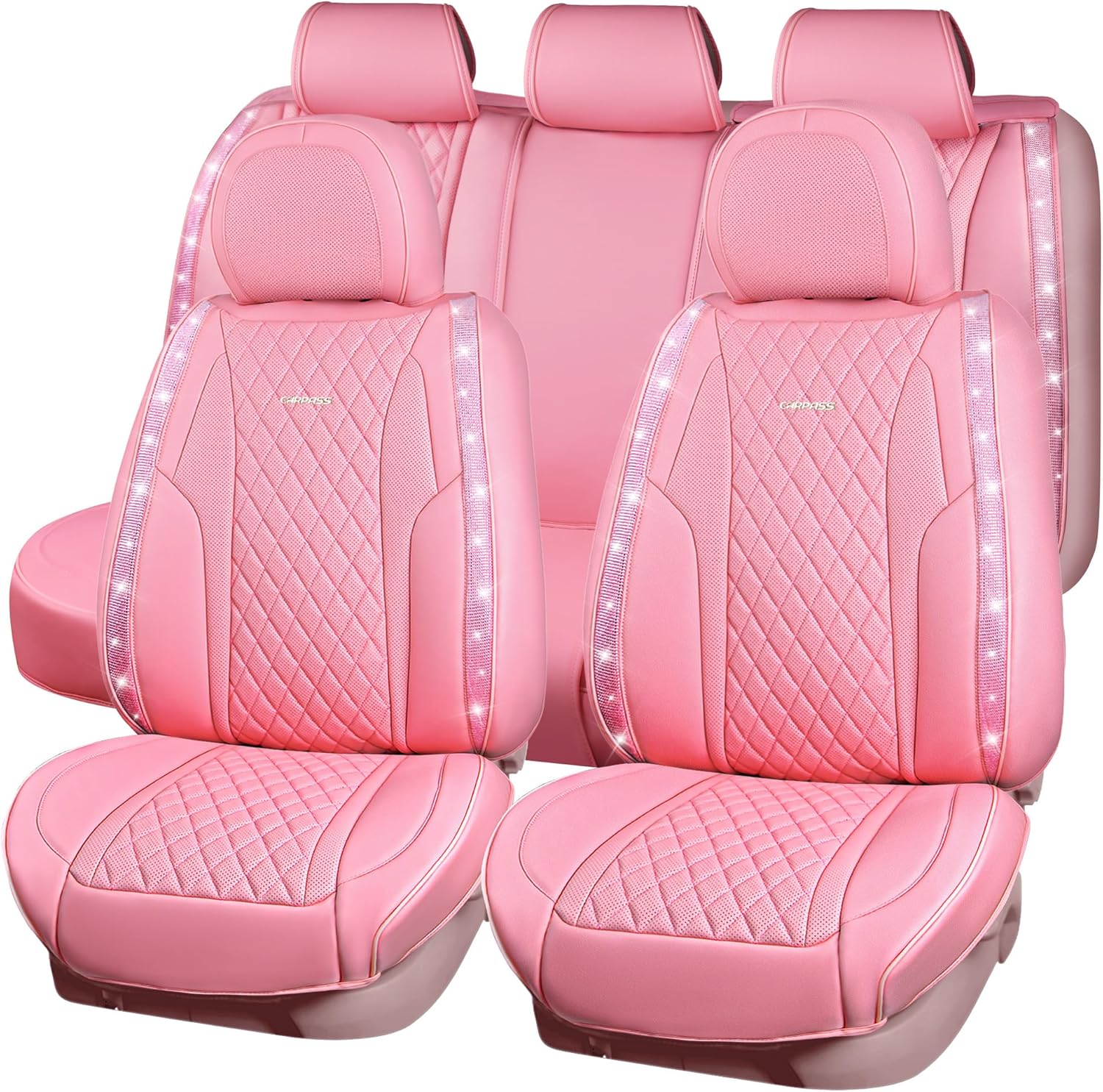 CAR PASS® Pink Nappa Leather Bling Diamond Seat Covers Full Seats, Waterproof Heavy-Duty Anti-Slip, Universal Fit for 95% Auto SUV Sedan Truck, Glitter Sparkle Shining (Pink Rhinestone Leather) Full Set Pink leather
