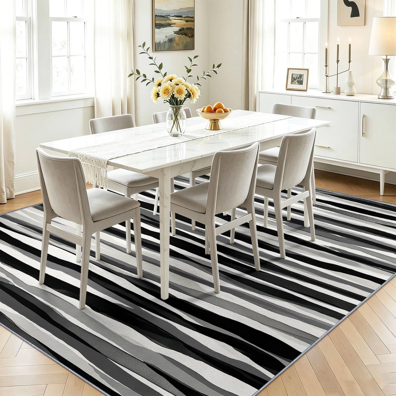 Générique Tapis de Salon 140 x 200 cm, Rayé Faible Poil Antidérapant avec Minimaliste Moderne Lignes Dégradé Imprimé Tapis Chambre pour la Chambre à Coucher, Le Bureau à Domicile, Noir Et Blanc