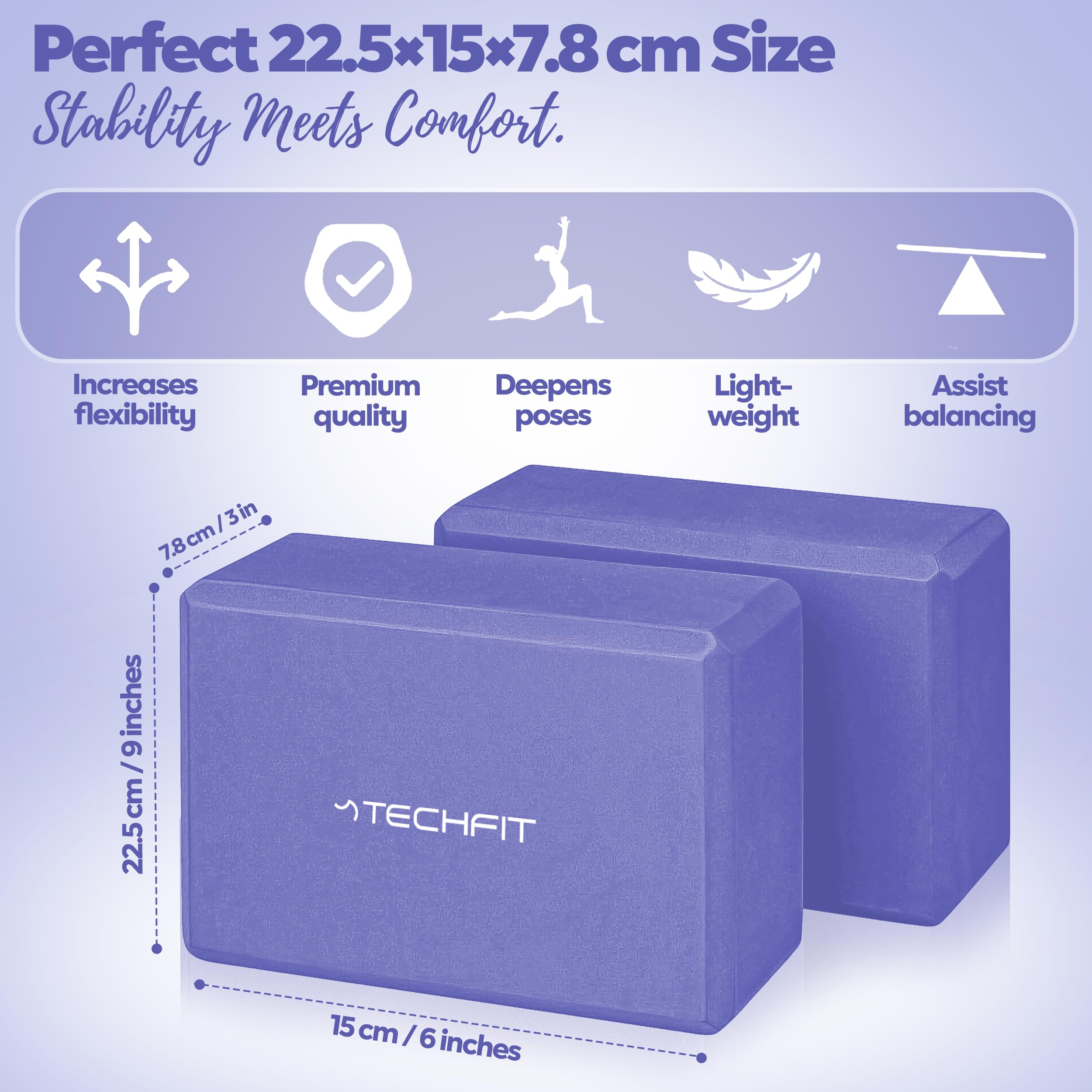 TechFit Mattoncino da Yoga in Schiuma EVA ad Alta Densità, Set da 2 Pezzi, Leggero e Antiscivolo, Supporto Ideale per Yoga, Pilates, Stretching, Dimensioni 23x15x7.6 cm, Grigio