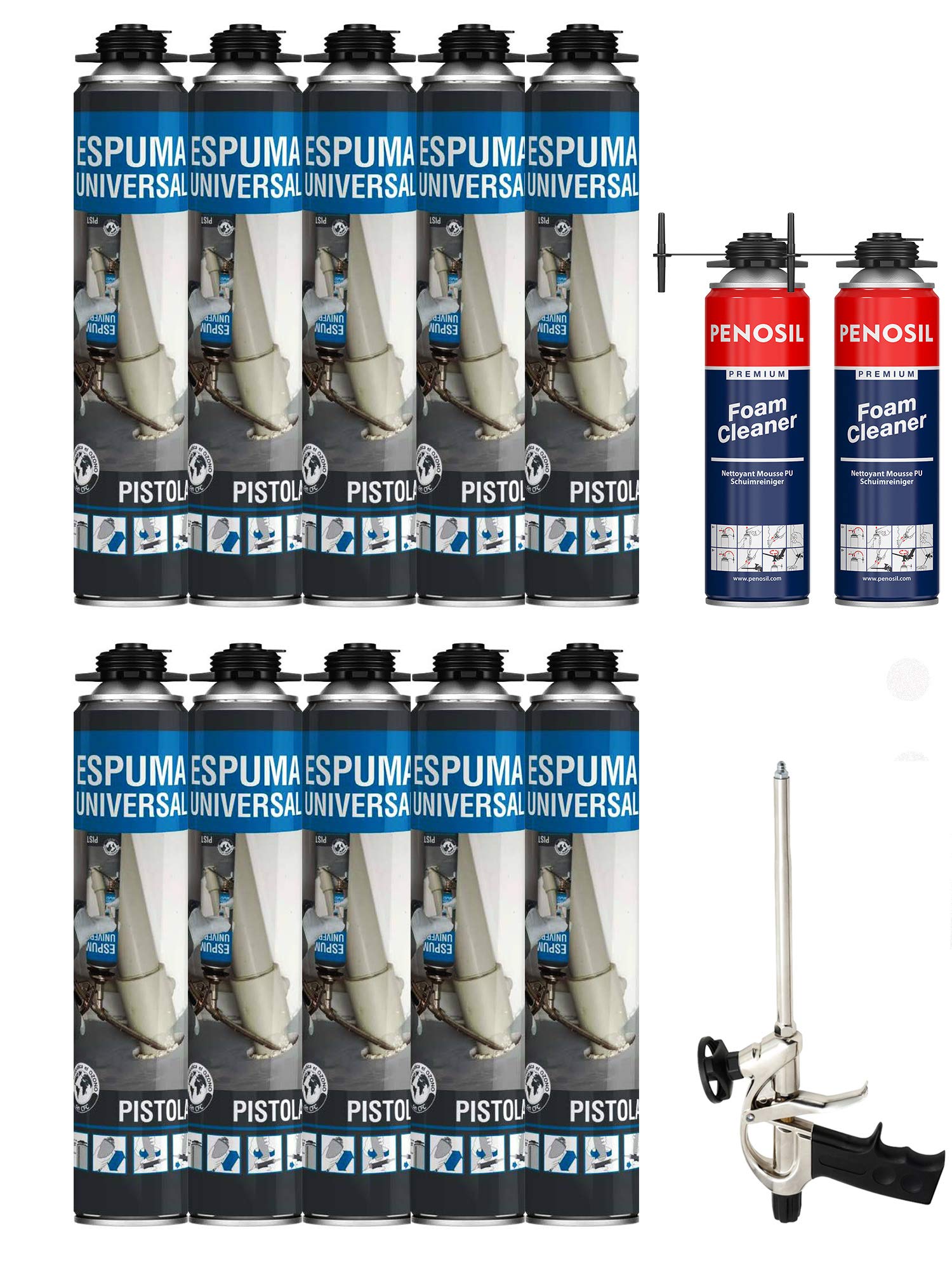 Espuma expansiva de poliuretano 695 ml – Lote de 10 espumas de poliuretano multiusos + 1 pistola + 2 limpiadores – Especial para obras – Calidad profesional