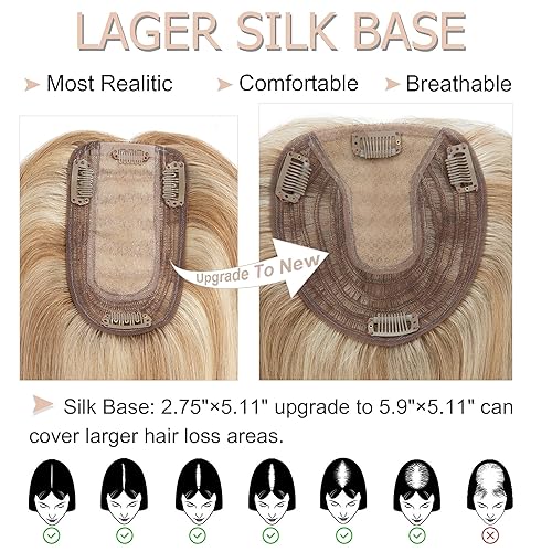 Miniatura 4 de 12P613 - Toppers para mujer, cabello humano real, sin flequillo, 5.1 x 5.9 in, base de seda más grande, densidad del 150%, extensiones de cabello