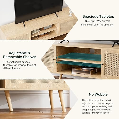 Miniatura 4 de Soporte de TV para televisores de hasta 65 pulgadas, centro de entretenimiento con puerta de ratán, estantes y 2 gabinetes, consola multimedia larga