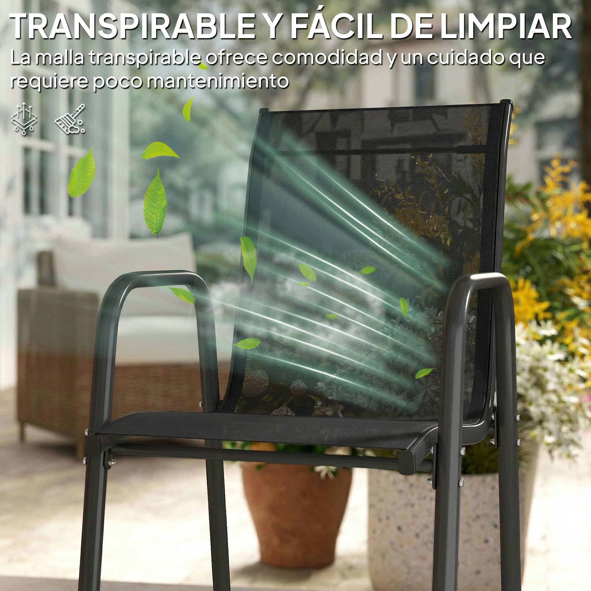 Outsunny Juego de 6 Sillas de Jardín Exterior Apilables, Sillas Terraza Exterior con Reposabrazos, Asiento y Respaldo de Malla Transpirable, Estructura Metálica Resistente, 51x69x87 cm, Negro — view 7