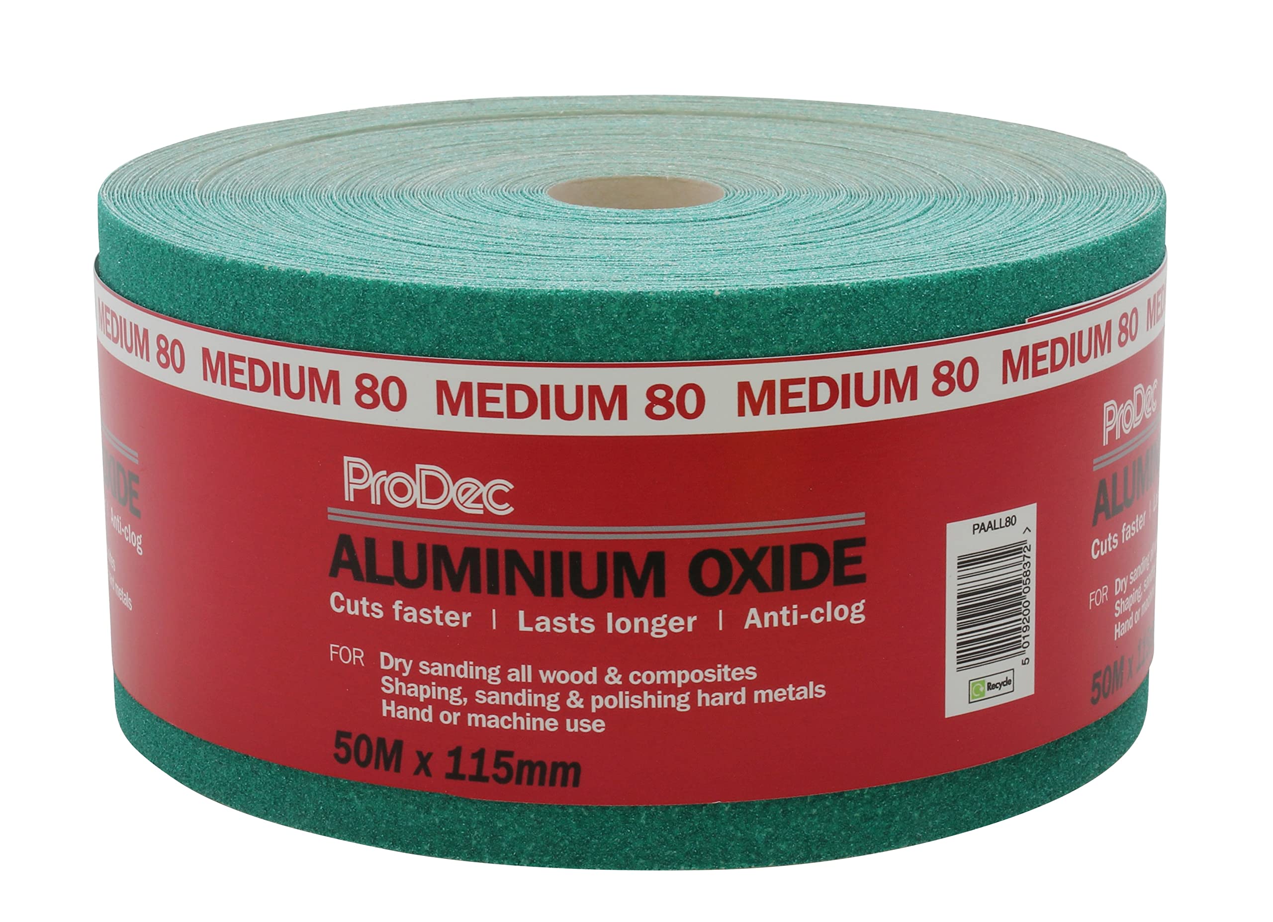 ProDec 50m Roll 80 Grit Medium Grade Green Aluminium Oxide Abrasive Sanding Paper for Sanding Wood, Paint, Plaster, Filler, Metal and More, 115mm Wide Sandpaper Compatible with Machine Sanders