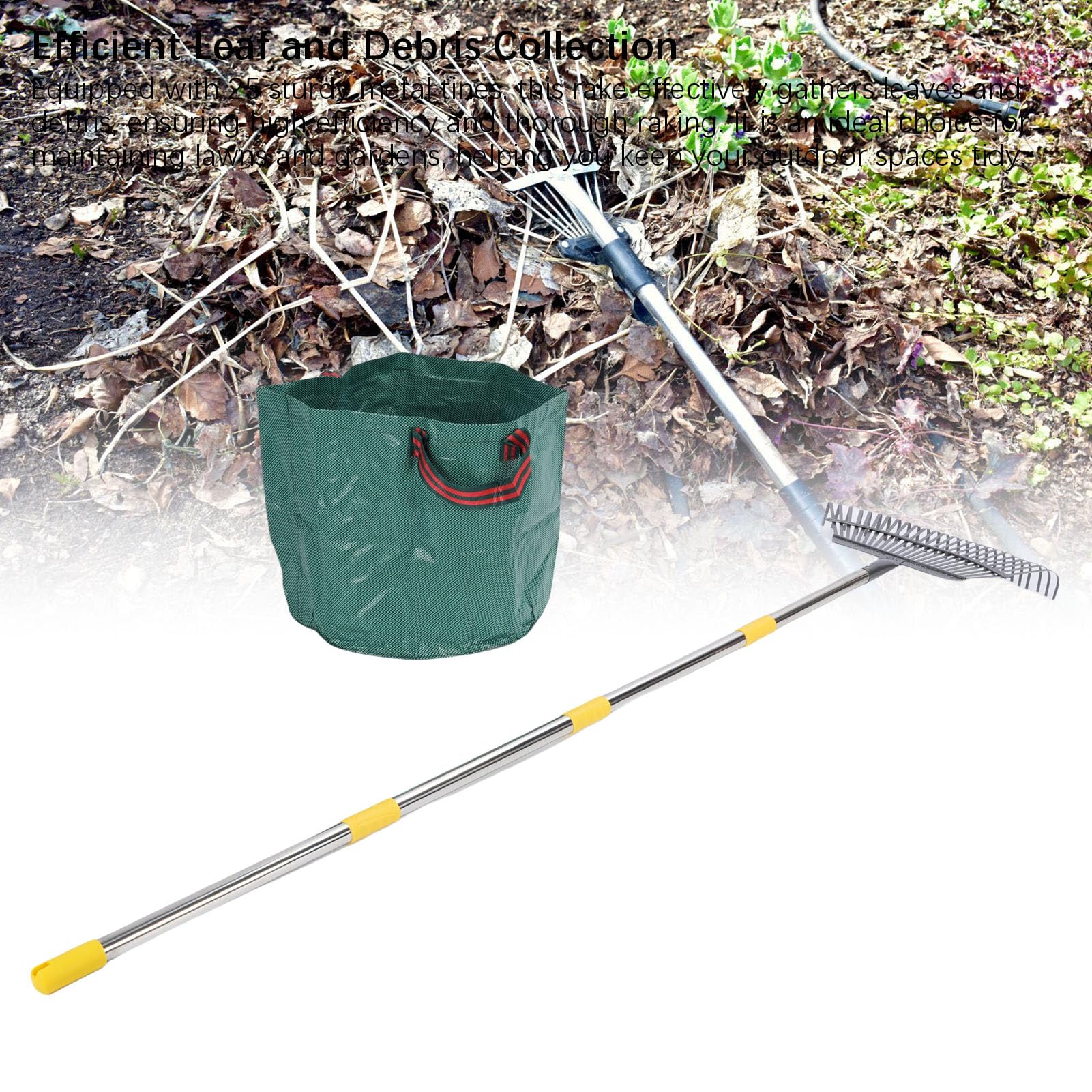 Rastrillo de jardín de hojas de metal, extraíble y ajustable, rastrillo de hojas resistente con bolsa reutilizable para patio exterior