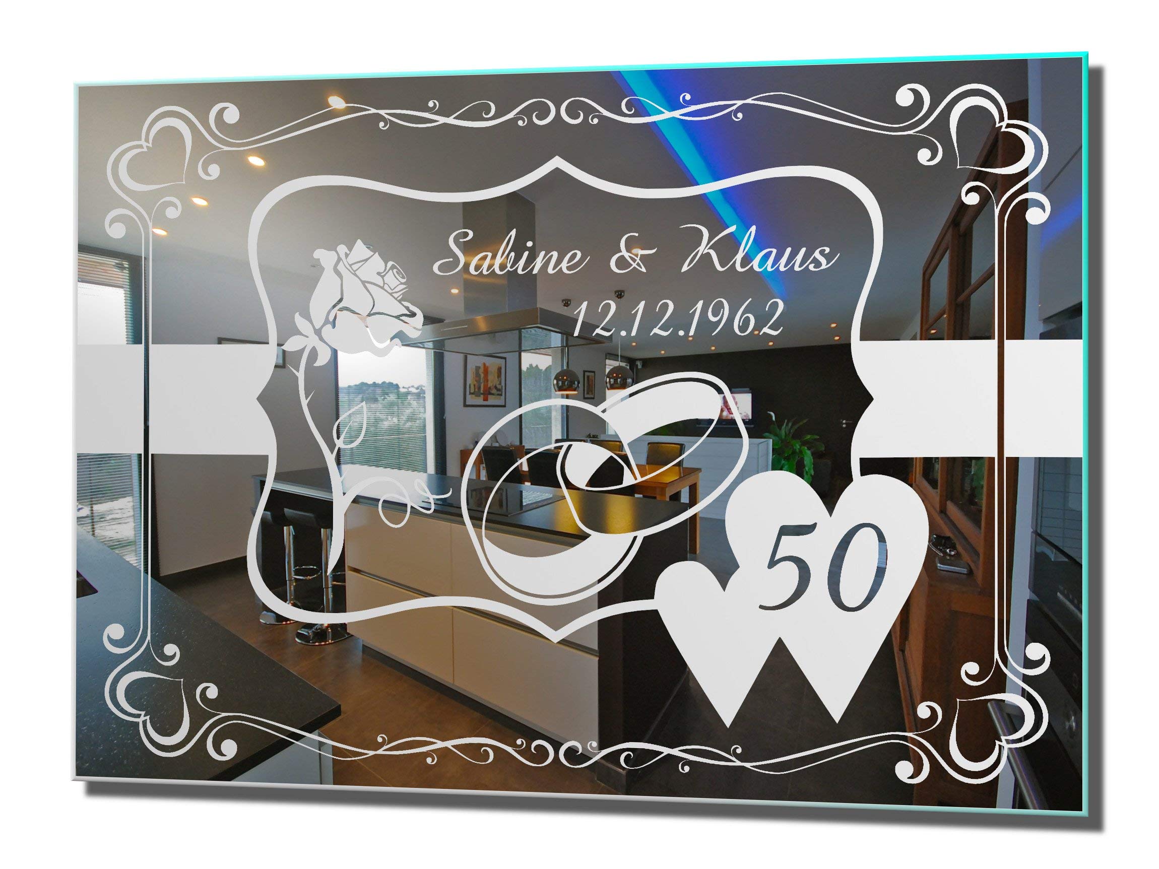 Spiegel mit Gravur zur Goldenen Hochzeit 4 ★ Wandbild ★ Hochzeitstag ★ Ehe ★ Hochzeitsgeschenk ★ 50 Jahre ★ personalisiert