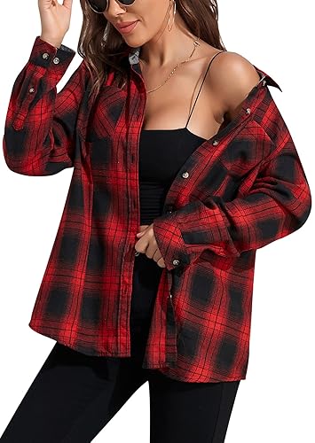 KevaMolly Plaid Flannel Shirts for Women Loose Fit Boyfriend Button Down Shirt Long Sleeve Casual Flannel Blouse Tops - Medium - Red Black