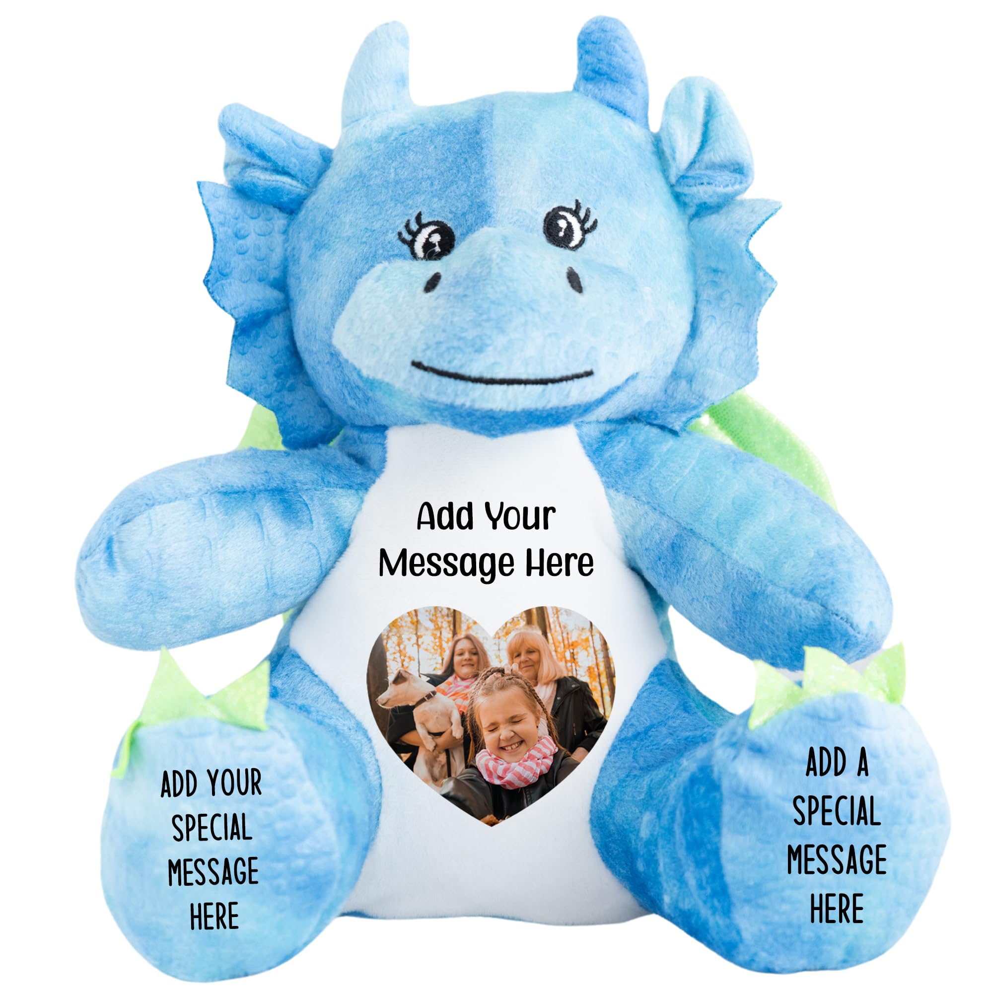 Personalised Photo Teddy Bear – Add Photo on Front & Text on Feet | 28 Styles | Custom Keepsake Gift for Baby, Sympathy, Birthday & More (Blue Dragon Teddy Bear)