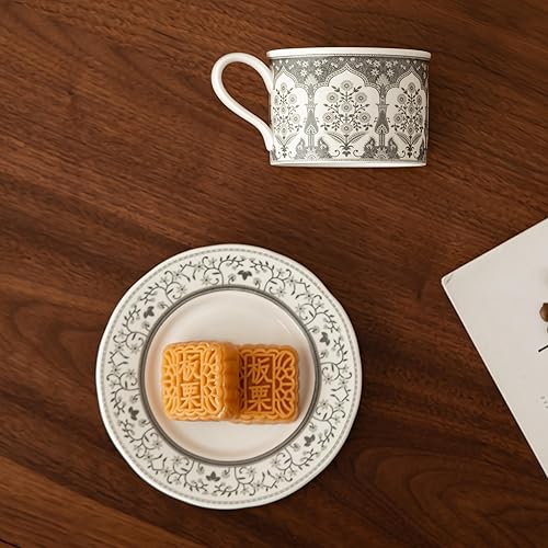 Miniatura 3 de Taza de café de cerámica con platillo, 8 onzas, taza de café de porcelana con margarita gris turco Iznik para oficina en casa, regalos para mujeres