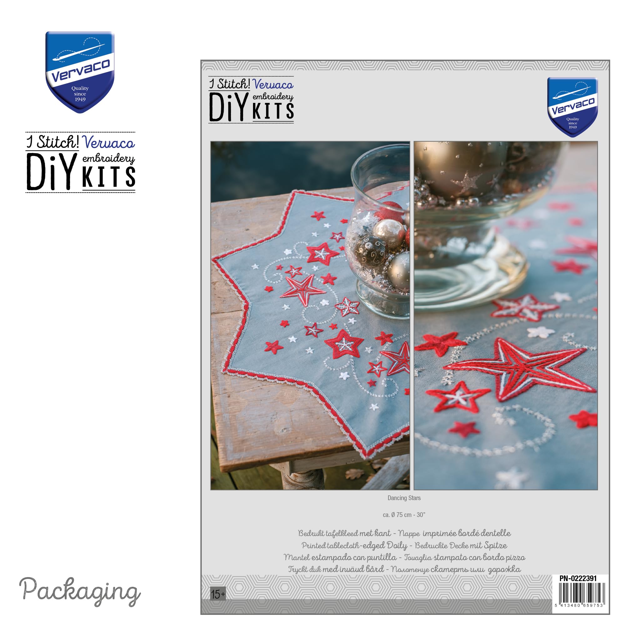 VERVACO Zestaw do Haftu Obrusu z Nadrukiem Zestaw do Haftu Obrusu Haft Płaski TAŃCZĄCE GWIAZDY Zestaw Kreatywny dla Dorosłych 75 x 75 cm DIY Dekoracja Świąteczna ze Zmywalnym Wzorem Cross Stitch Kit