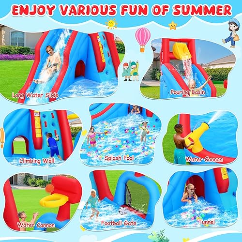 Miniatura 10 de Parque inflable de toboganes acuáticos, toboganes acuáticos inflables para niños, pared de escalada, 2 toboganes, área de chapoteo y trampolín,