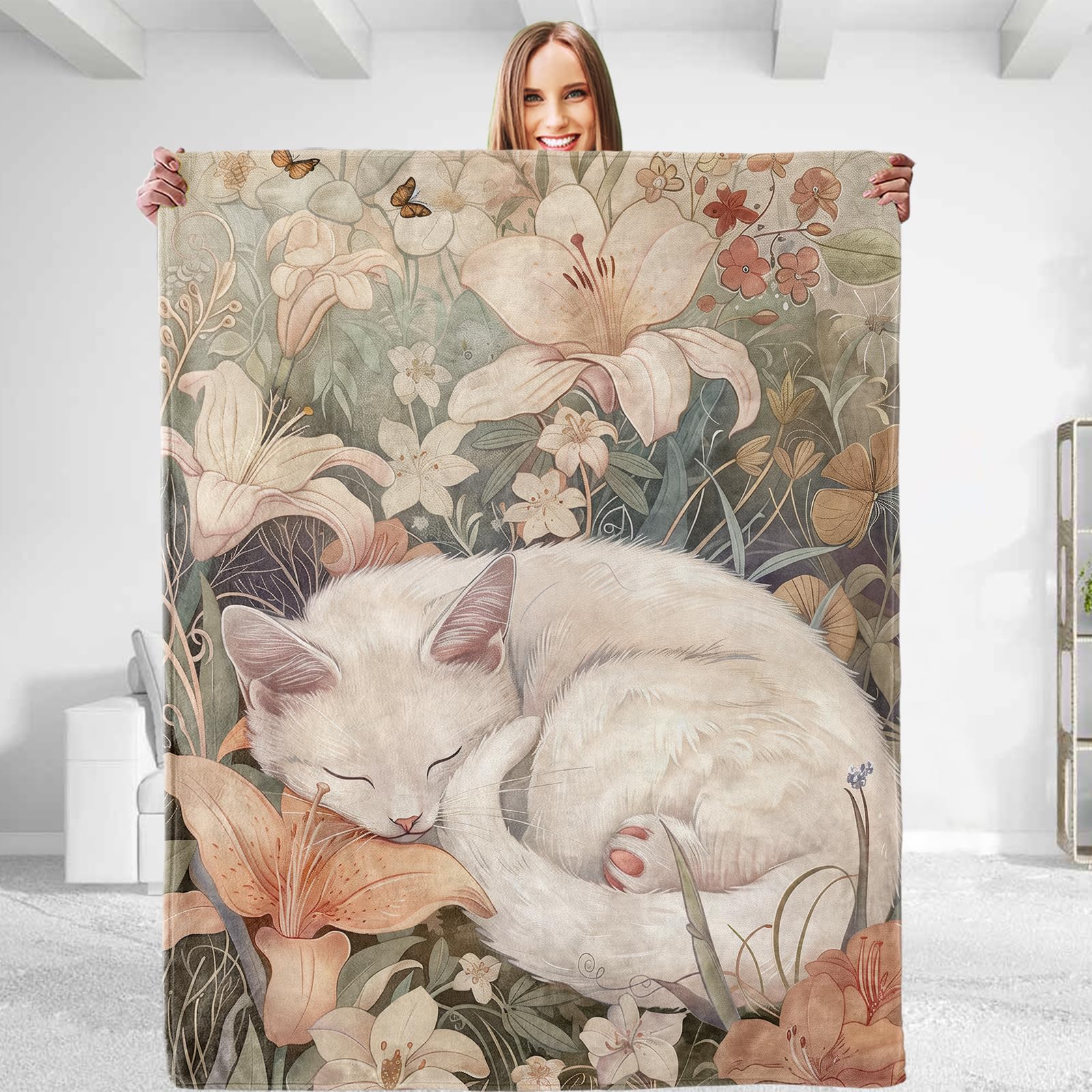 dhakalrlde Sleeping Cat Throw Blanket - Soft Plush Flannel Blanket, Lightweight, Comfy, Warm, Fuzzy, Anti-Pilling for Sofa, Bedroom, Bed, Outdoor