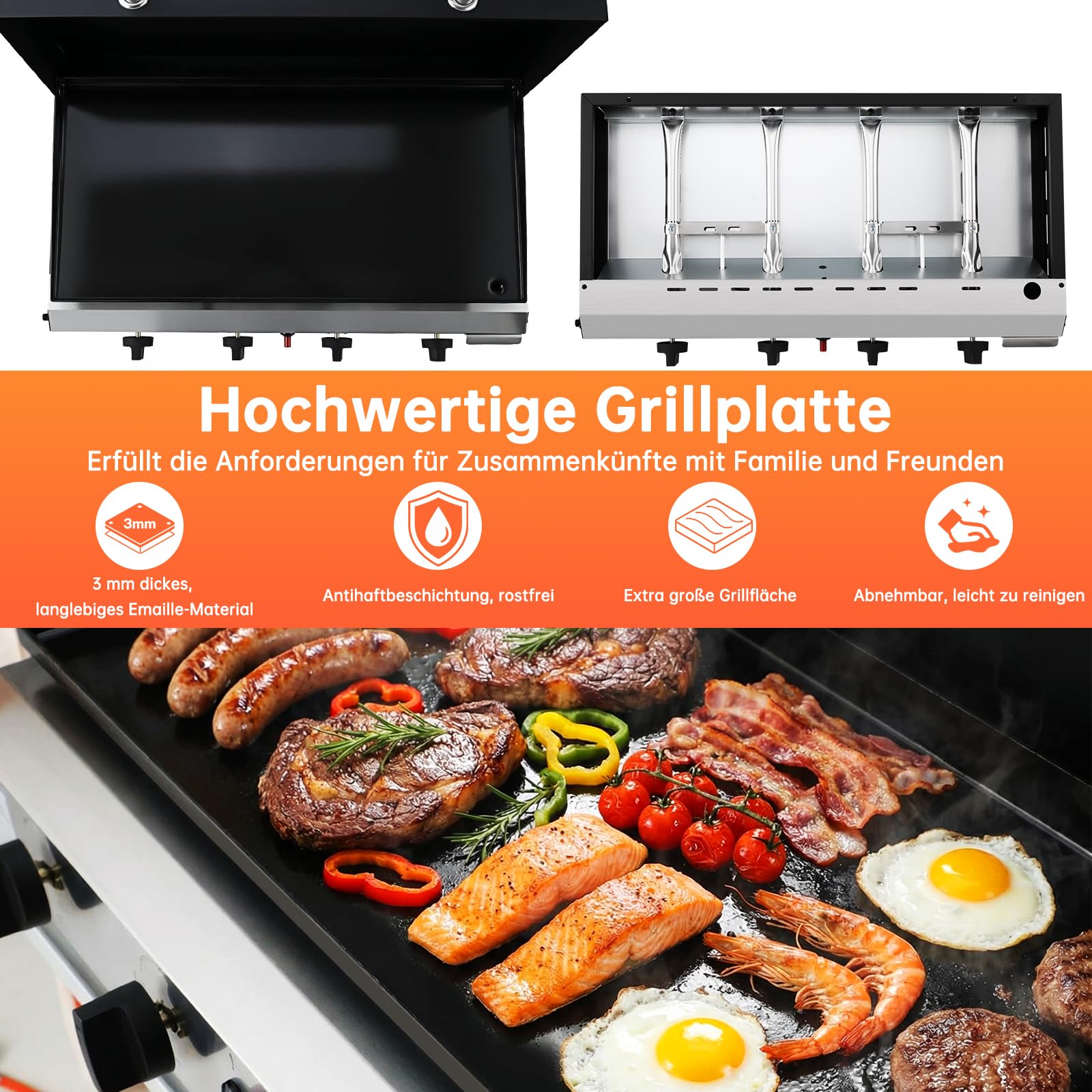LIFERUN Tischgasgrill mit 4 Edelstahl-Brenner(9.6KW),groß Tischgrill mit Deckel(Grillfläche 74×35cm),Campinggrill Keramische Lackbeschichtung Grillplatte,Balkongrill für Familien,Gartenpartys,Feiern
