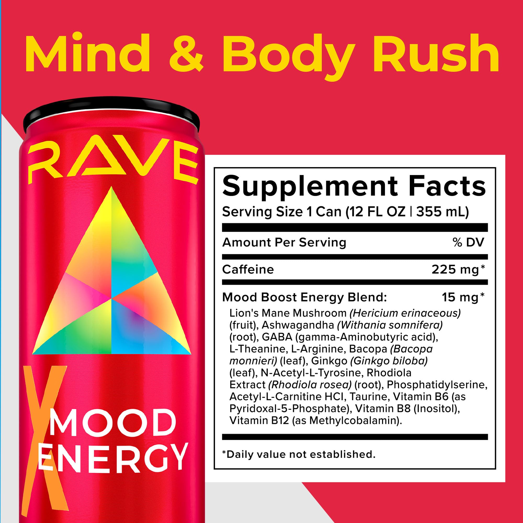 RAVE Mood Energy Drink is Mind Blowingly Different. With Mood-Boosting Functional Mushrooms, Nootropics, Adaptogens & B Vitamins. Experience Mind & Body Rush! 225mg Caffeine - Electrolytes