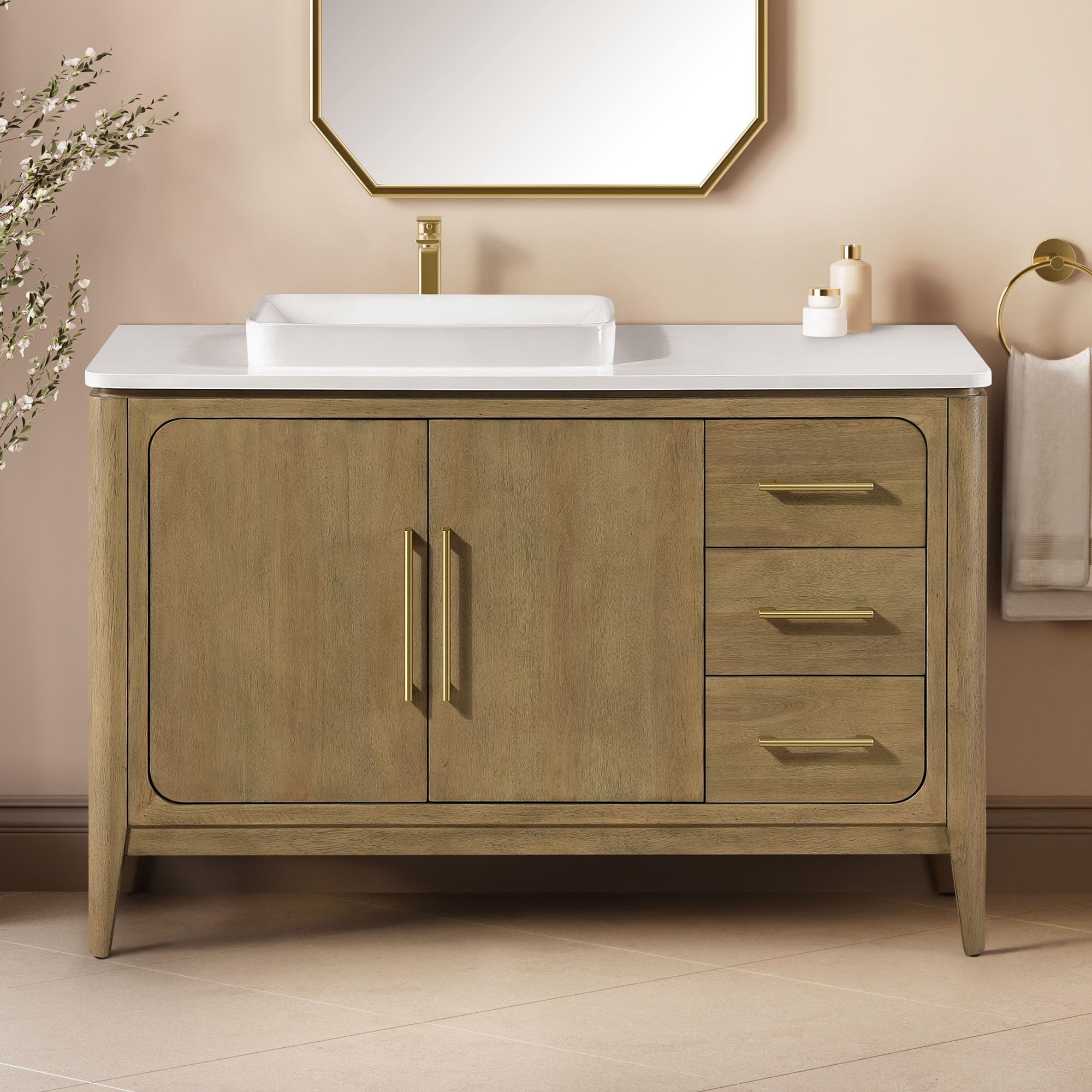 OVE Decors Heidi 48 in. Single Sink Freestanding Light Brown Oak Bathroom Vanity with White Quartz Top