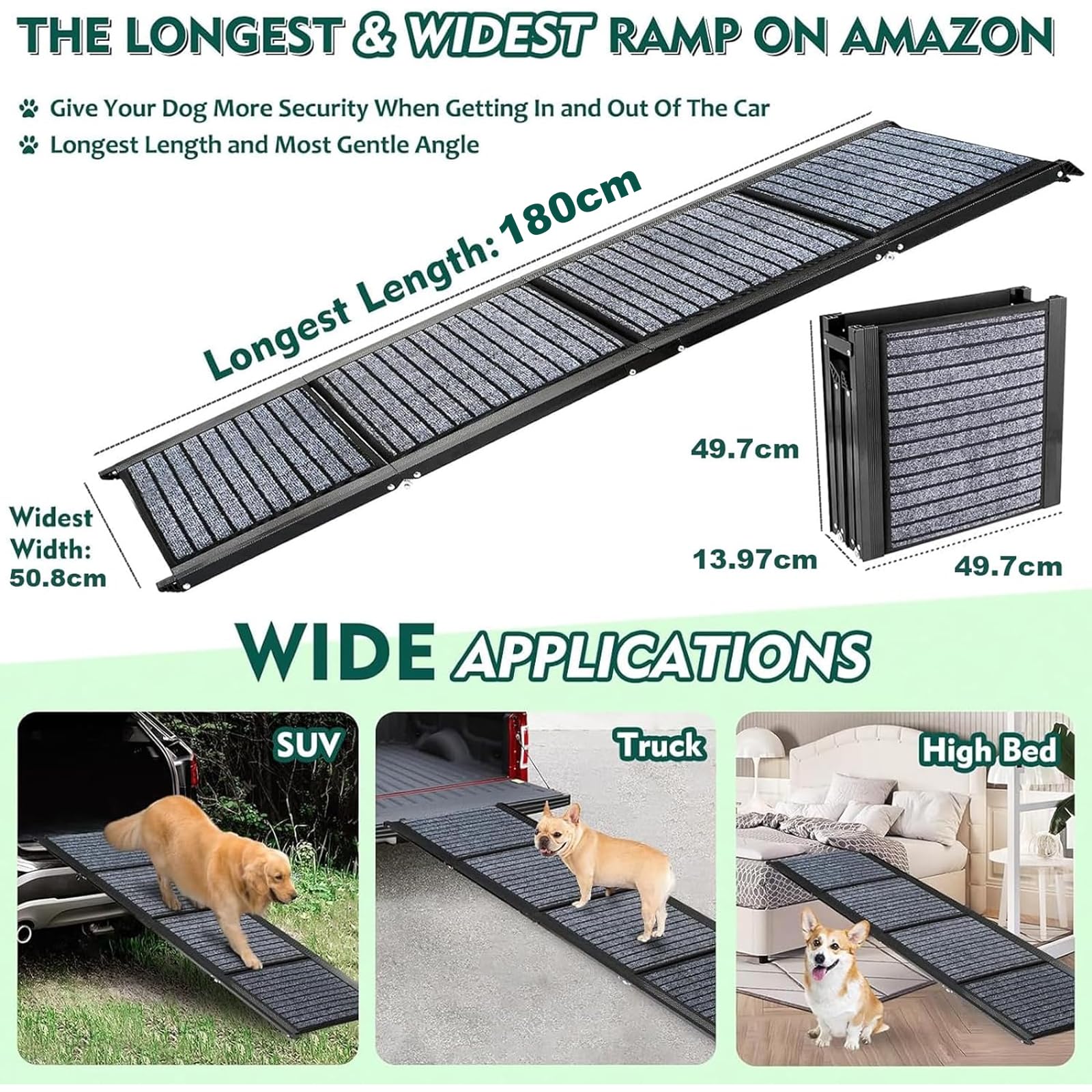 Snagle Paw Längste 180 cm große Hunderampe, tragbare Treppe für große Hunde mit rutschfester Teppichoberfläche, zusammenklappbare Haustierrampe bis zu 140 kg, Haustiertreppe für mittelgroße und große